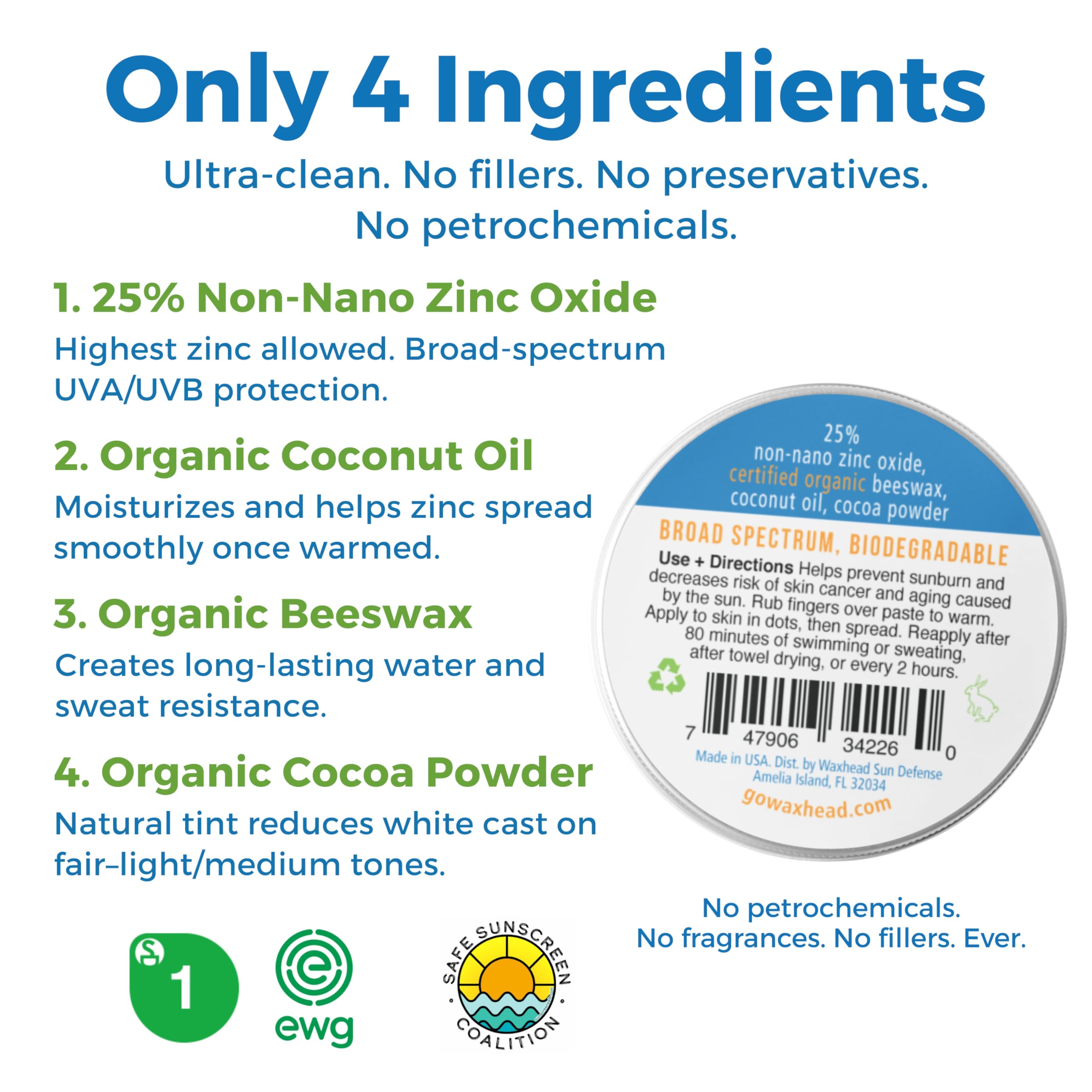 Waxhead Tinted Zinc Oxide Surf Sunscreen SPF 30 for Face | 4-Ingredient Reef-Safe Zinc Paste (2oz Tin)