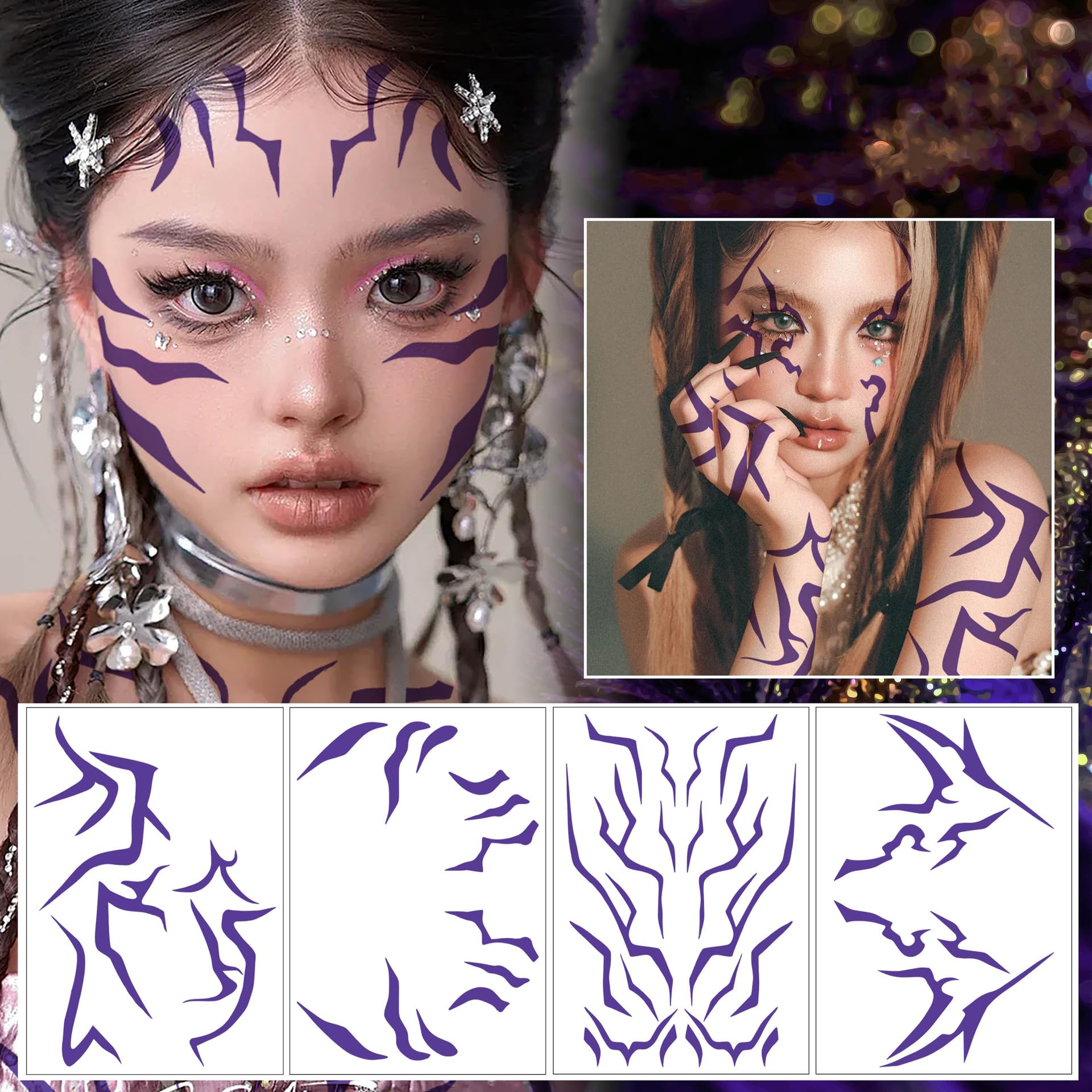 Waxkure Anime Purple Temporary Tattoos for Cosplay, Dance & Halloween – 9-Design Set