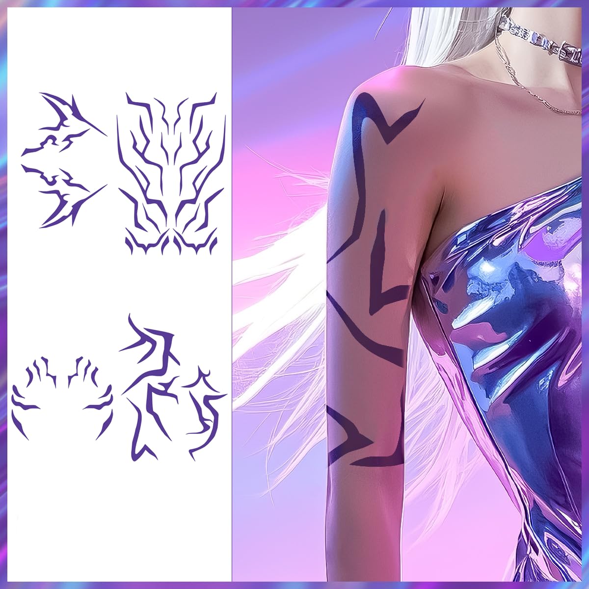 Waxkure Anime Purple Temporary Tattoos for Cosplay, Dance & Halloween – 9-Design Set