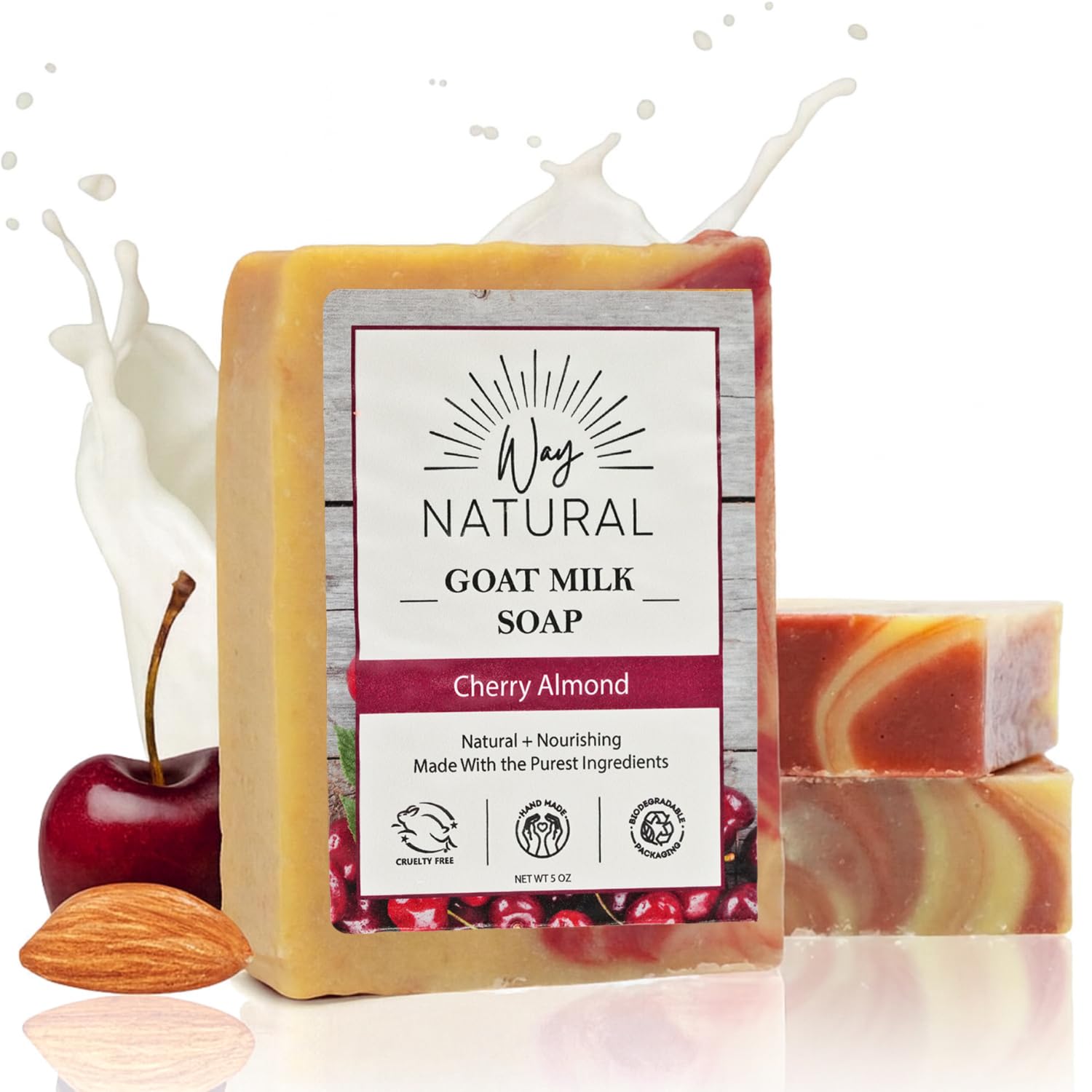 Way Natural Goat Milk Soap Bar Cherry Almond (3 Pack) – Premium Handmade in USA, 5oz Each