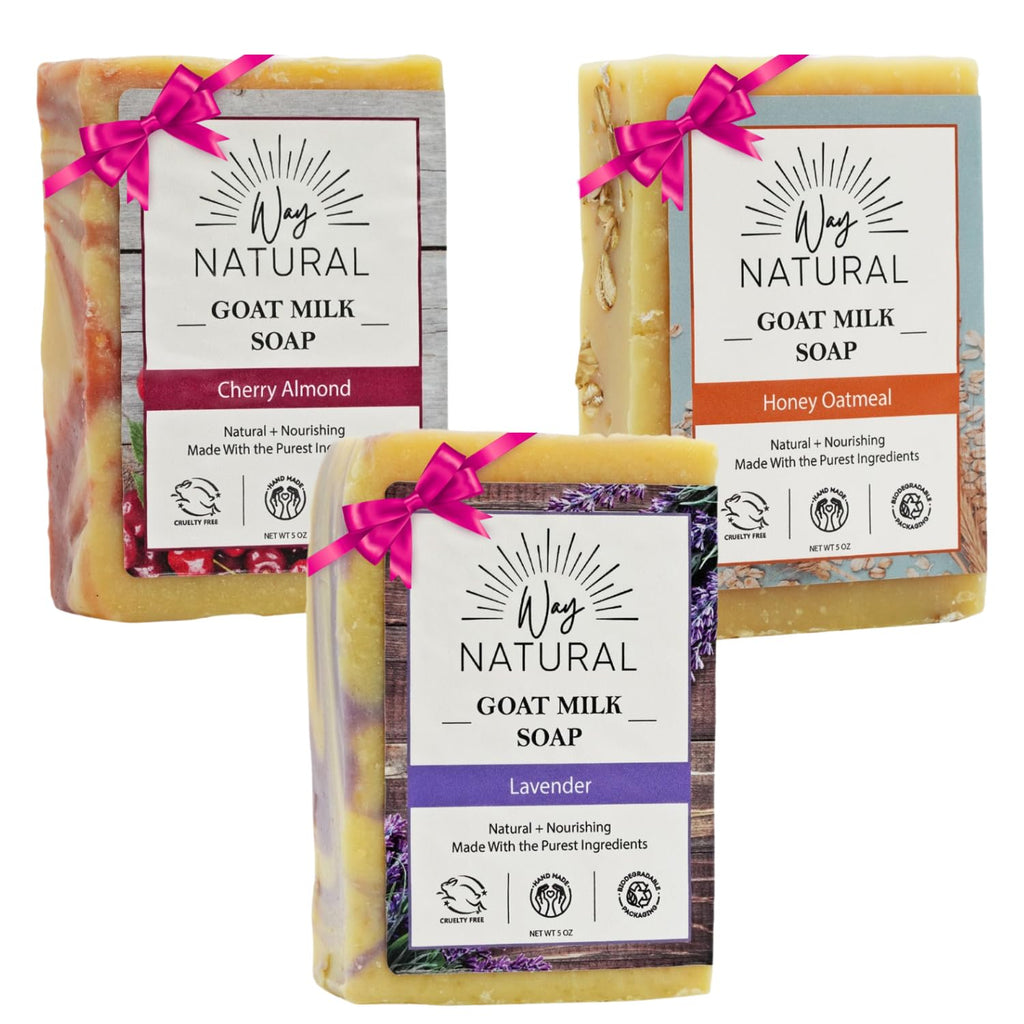Way Natural Goat Milk Soap Bar Variety 3-Pack (5oz) – Lavender, Cherry Almond, Honey Oatmeal – Cold Process, Handmade USA