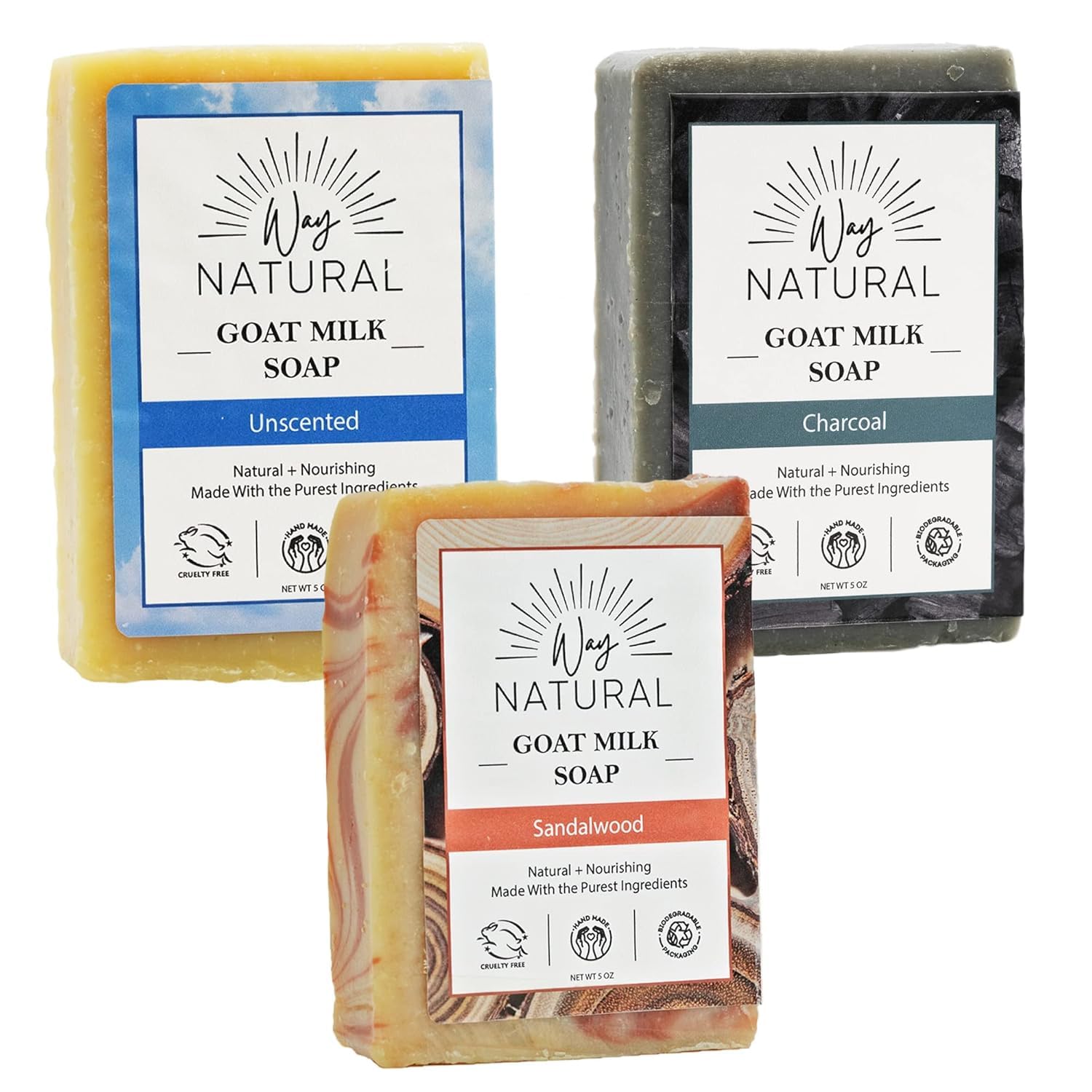 Way Natural Goat Milk Soap Bar 3-Pack – Sandalwood, Charcoal & Unscented | Handmade 5oz