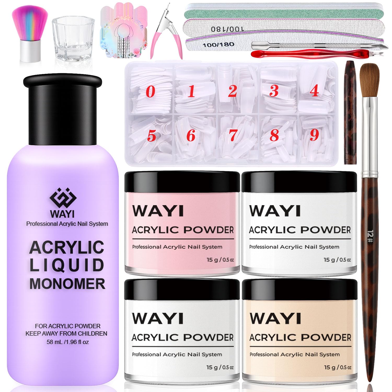 WAYI Professional Acrylic Nail Kit – 58ml Monomer, 4 Powders, 500 French Tips | Home Salon Quality