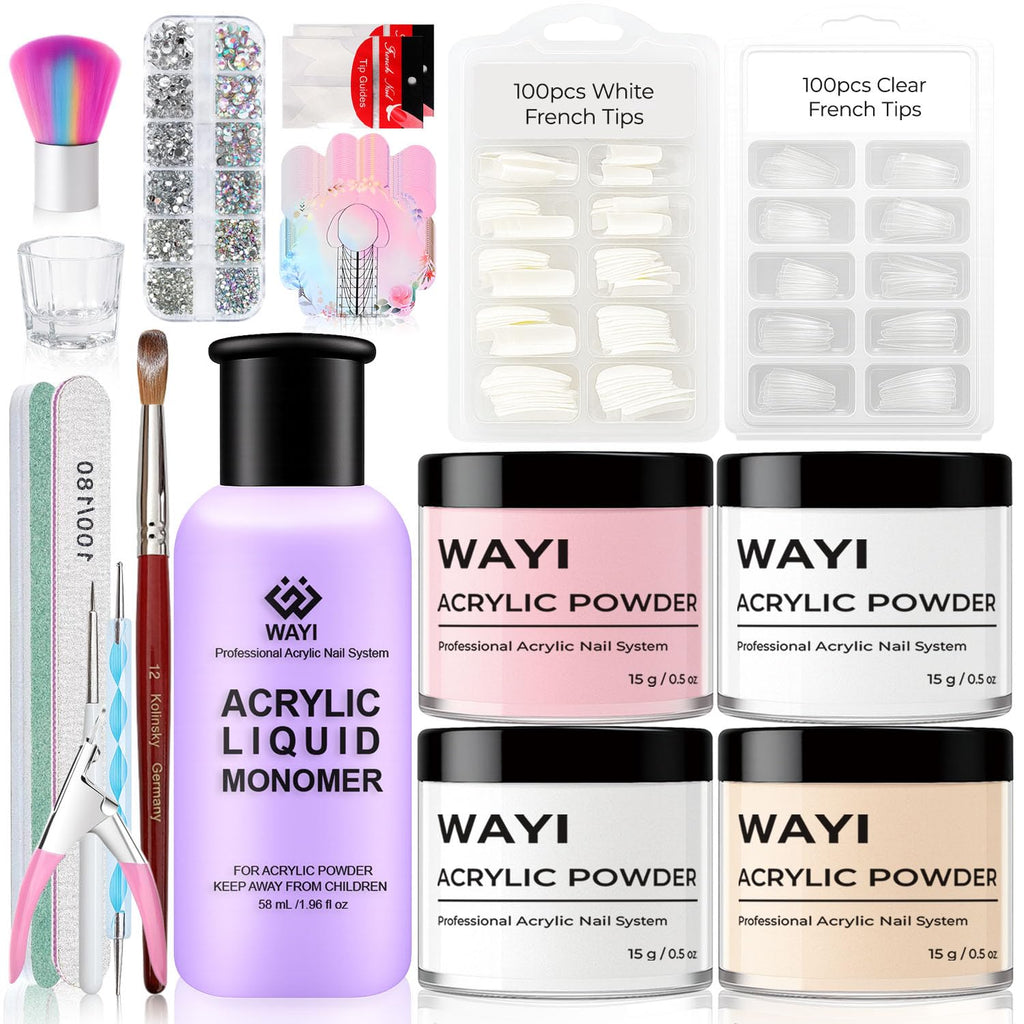 WAYI Acrylic Nail Kit: 58ml Monomer, 4 Powder Colors, Tips & Tools