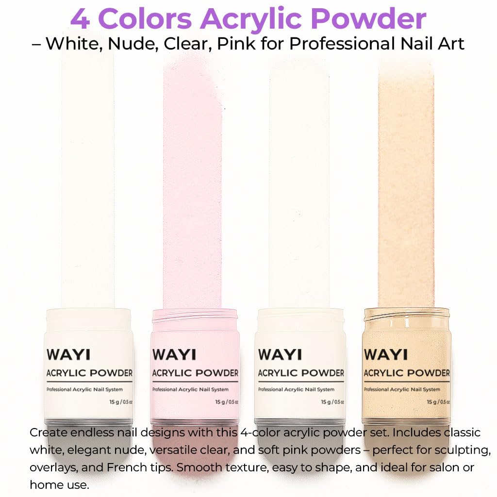 WAYI Acrylic Nail Kit: 58ml Monomer, 4 Powder Colors, Tips & Tools