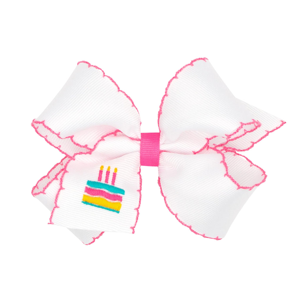 Wee Ones Girls' Grosgrain Hair Bow with Moonstitch Edge and Birthday Embroidery on WeeStay No-Slip Clip, Medium, Cake Stitch