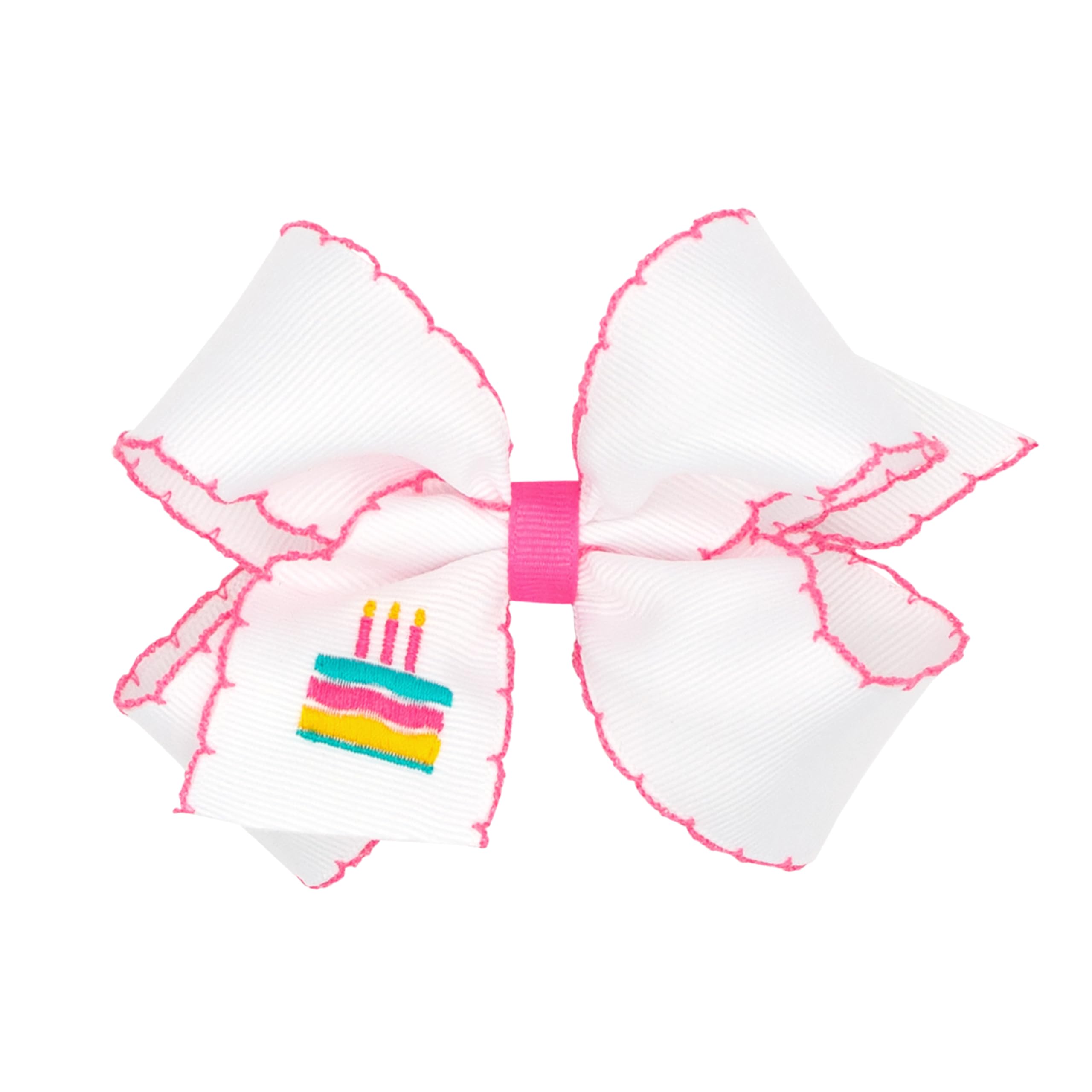 Wee Ones Girls' Grosgrain Hair Bow with Moonstitch Edge and Birthday Embroidery on WeeStay No-Slip Clip, Medium, Cake Stitch