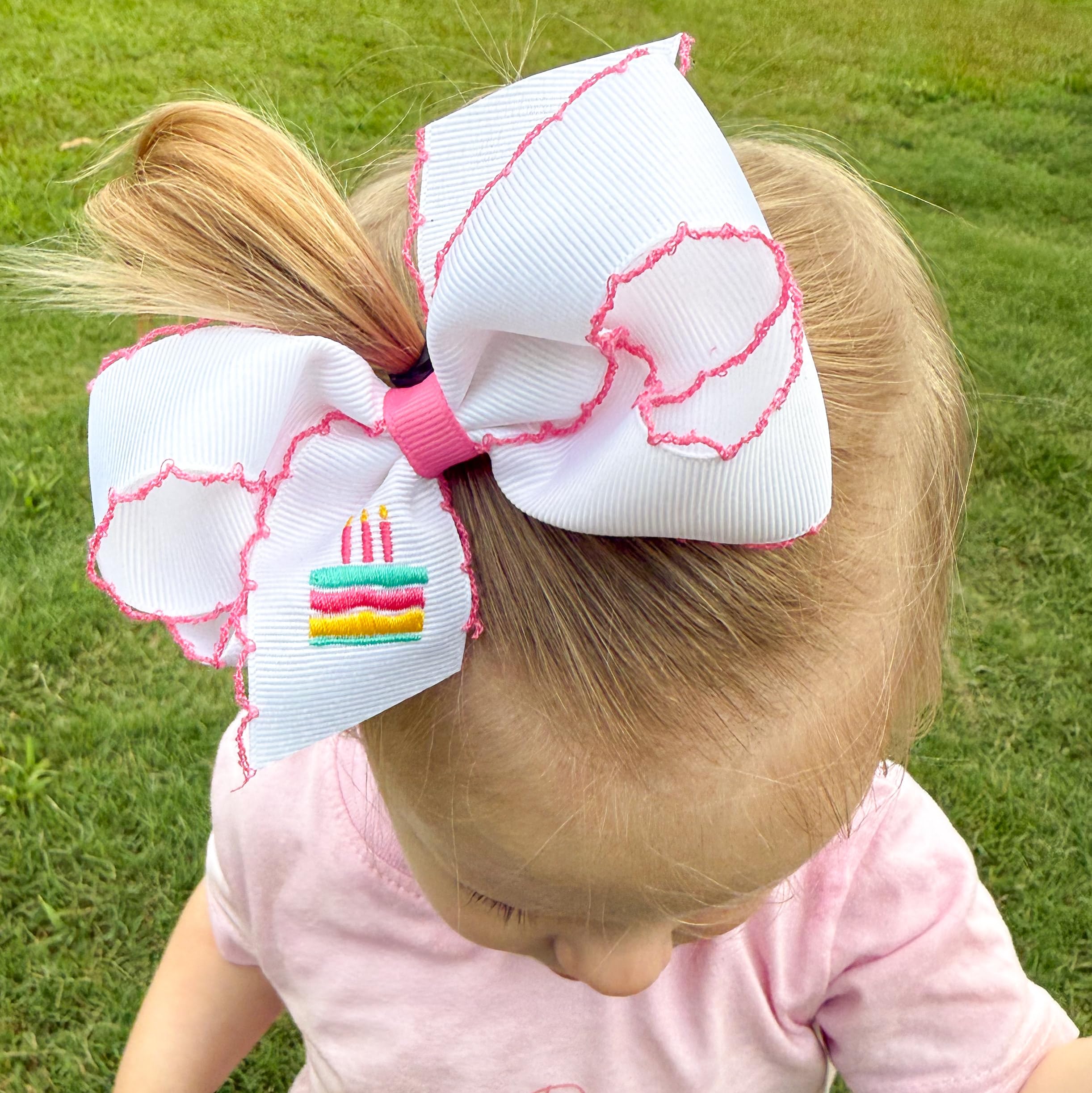 Wee Ones Girls' Grosgrain Hair Bow with Moonstitch Edge and Birthday Embroidery on WeeStay No-Slip Clip, Medium, Cake Stitch