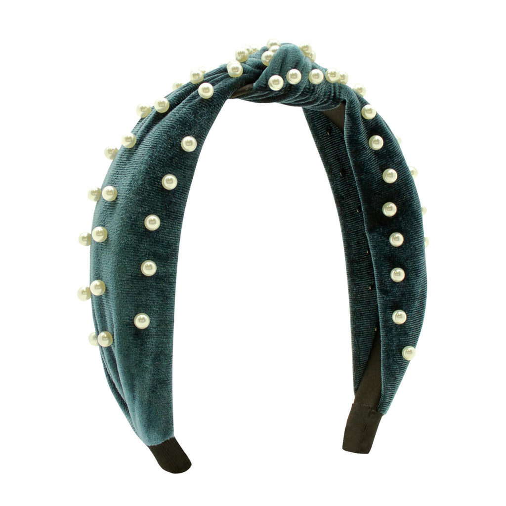Wee Ones Velvet Wrapped Headband with Knot & Faux Pearls - Sapphire