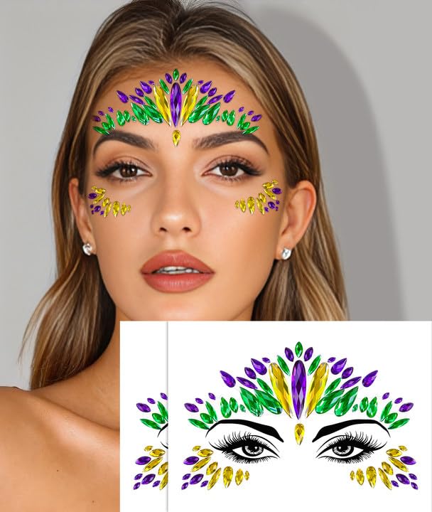 Wehhbtye 2 Set Mardi Gras Face Jewels Stickers – Self-Adhesive Glitter Eye Gems for Party Cosplay