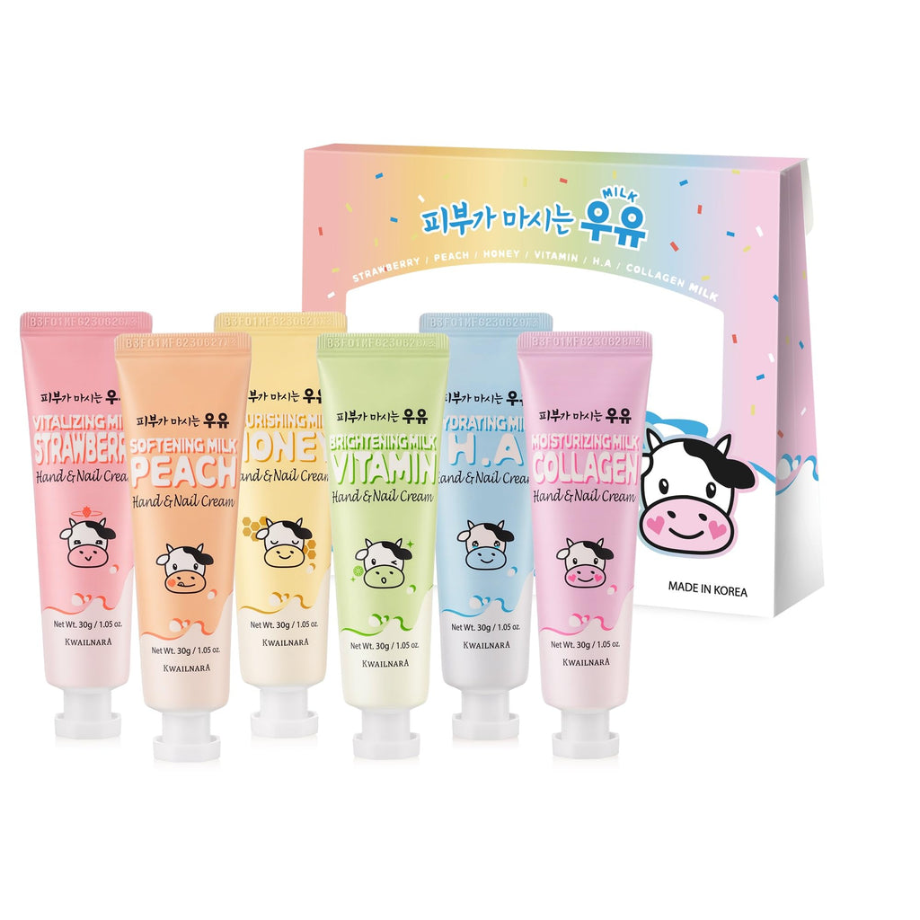 KWAILNARA Milk Hand & Nail Cream Gift Set (6-Pack) – Korean Hand Cream Variety by WELCOS | Strawberry, Peach, Honey, Vitamin, Hyaluronic, Collagen