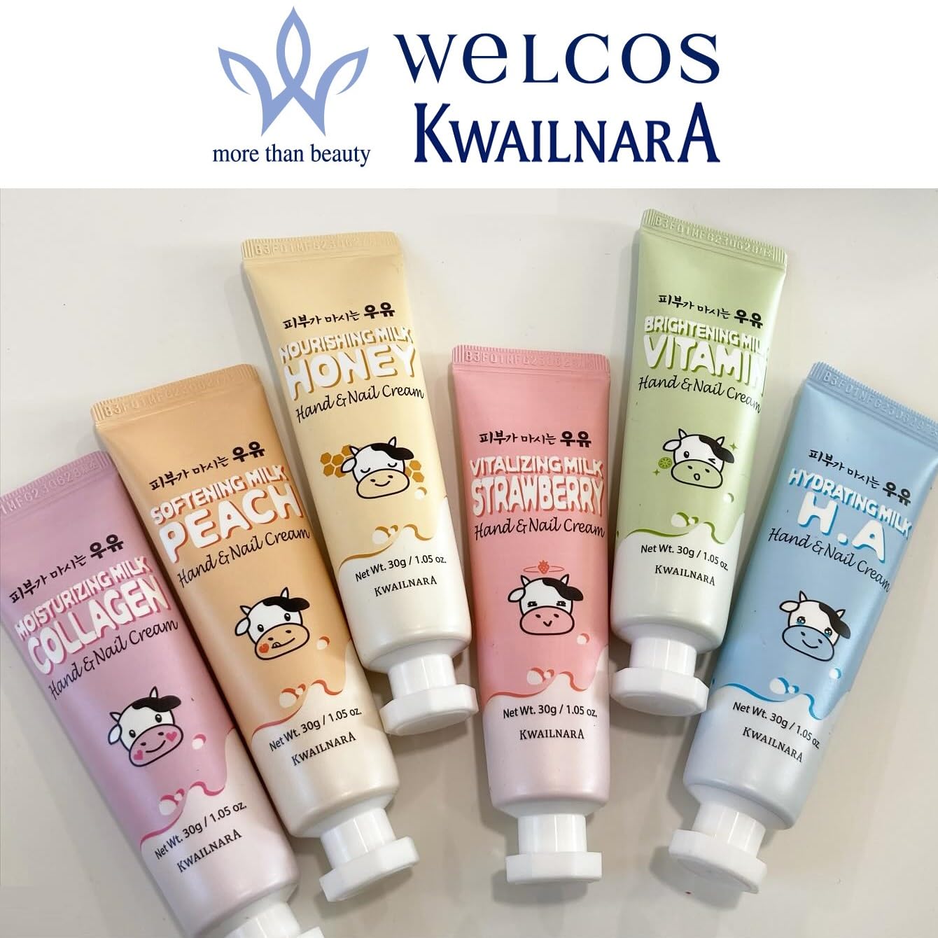 KWAILNARA Milk Hand & Nail Cream Gift Set (6-Pack) – Korean Hand Cream Variety by WELCOS | Strawberry, Peach, Honey, Vitamin, Hyaluronic, Collagen