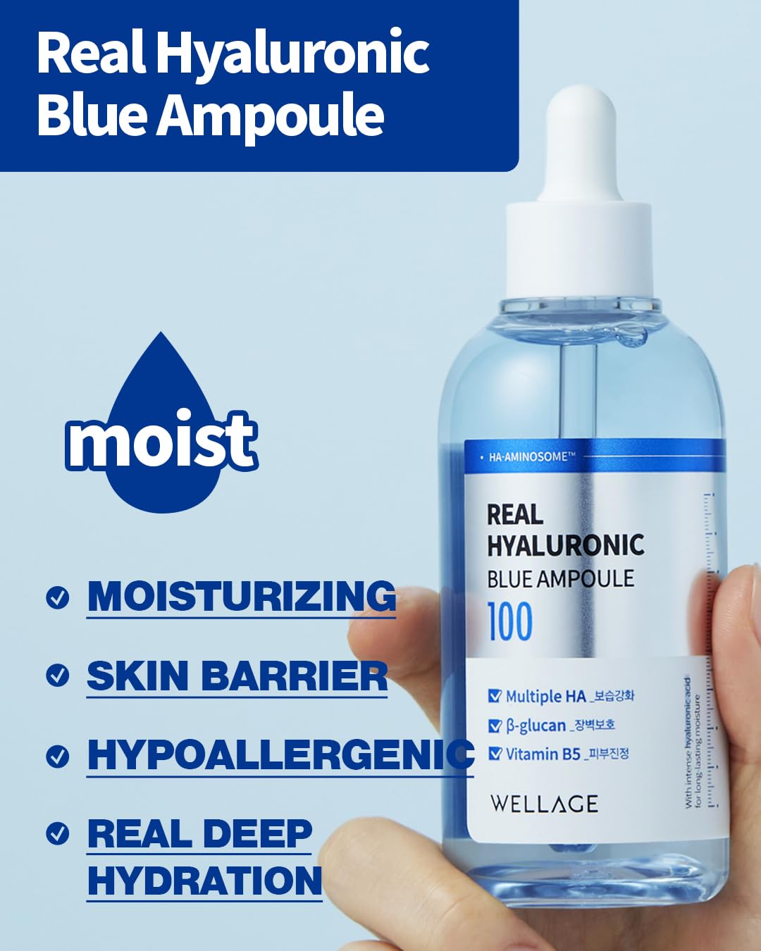 Wellage Real Hyaluronic Blue Ampoule 100% Pure Hyaluronic Acid — Fragrance-Free Korean Serum for Sensitive Dry Skin | 2.54 fl oz