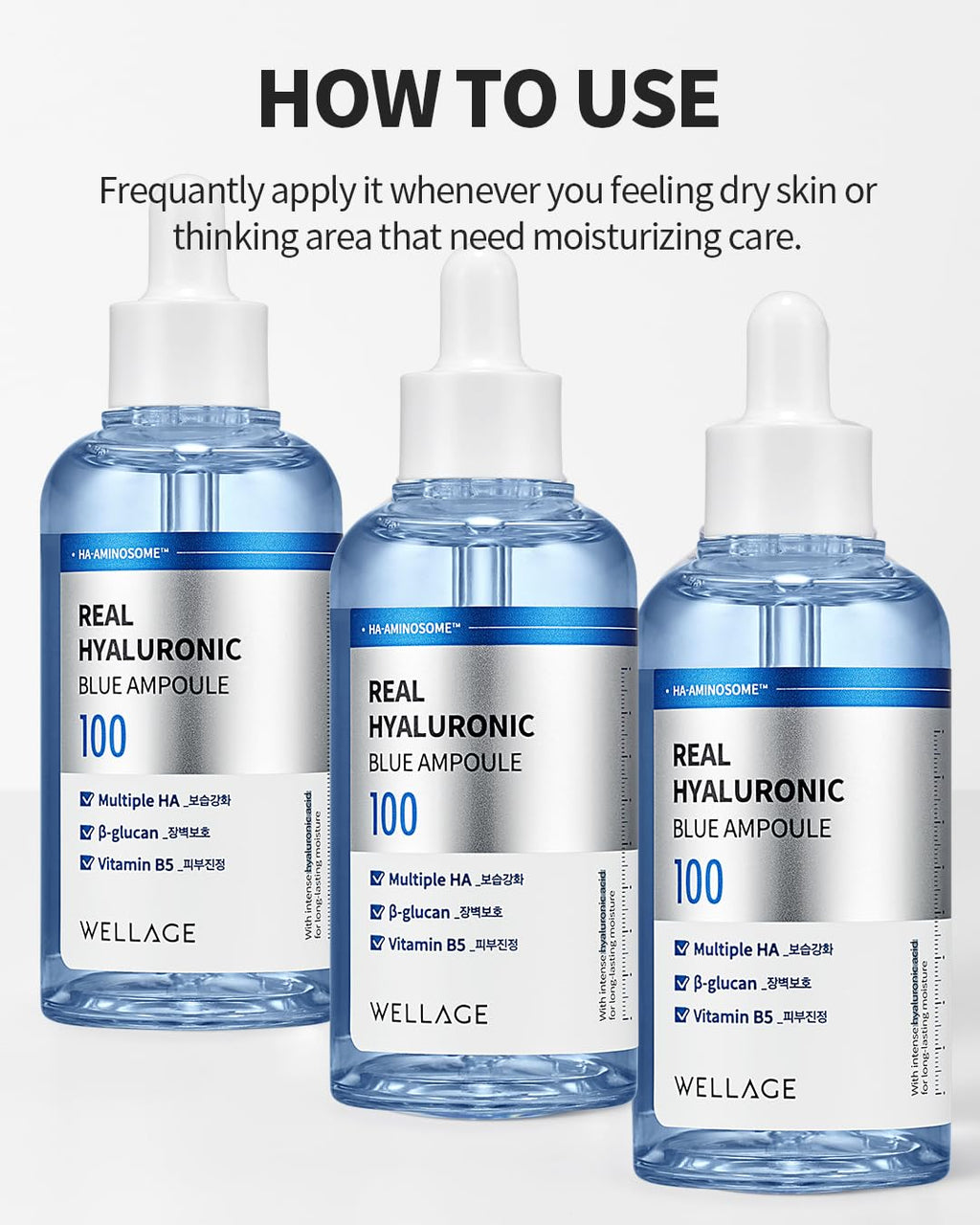 Wellage Real Hyaluronic Blue Ampoule 100% Pure Hyaluronic Acid — Fragrance-Free Korean Serum for Sensitive Dry Skin | 2.54 fl oz