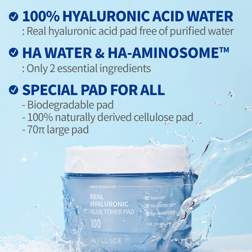 Wellage Real Hyaluronic Blue Toner Pad – Korean Skincare Pore Care, Hydration, 70 Sheets