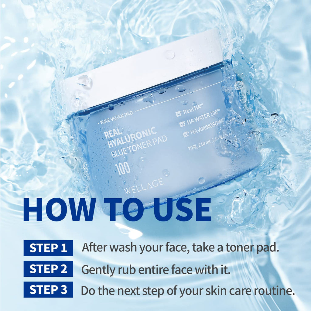 Wellage Real Hyaluronic Blue Toner Pad – Korean Skincare Pore Care, Hydration, 70 Sheets