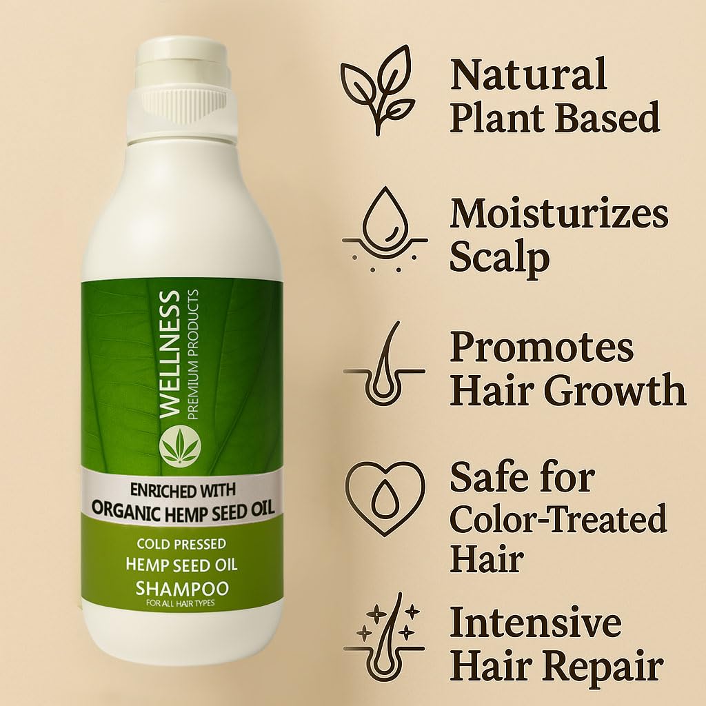 Wellness Premium Organic Hemp Shampoo – Hair Growth & Color Safe, 33.8oz (1L) – Vegan