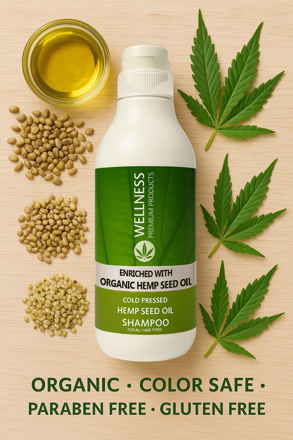 Wellness Premium Organic Hemp Shampoo – Hair Growth & Color Safe, 33.8oz (1L) – Vegan