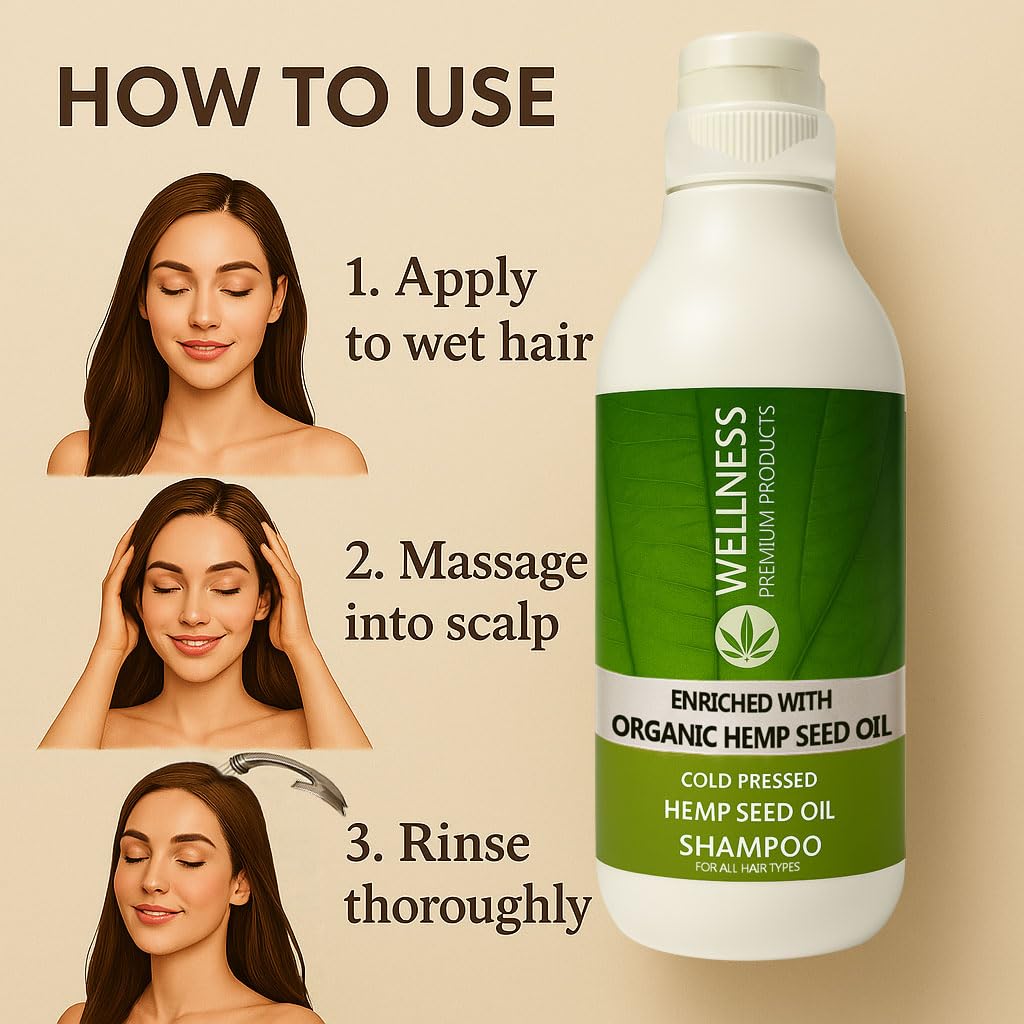 Wellness Premium Organic Hemp Shampoo – Hair Growth & Color Safe, 33.8oz (1L) – Vegan