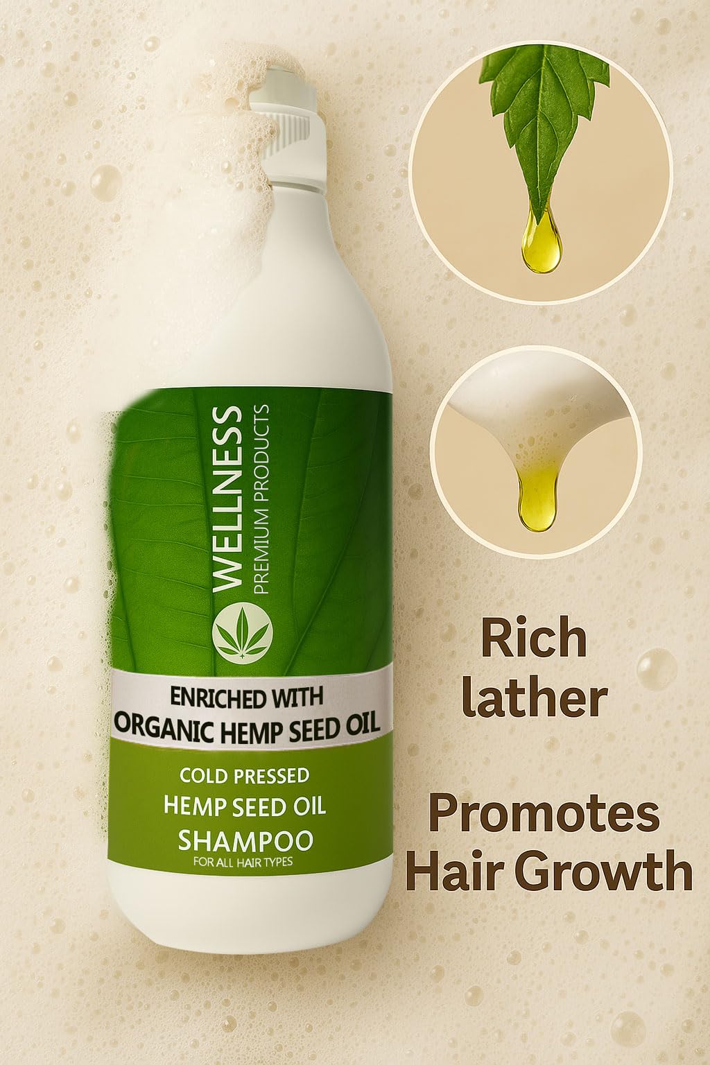 Wellness Premium Organic Hemp Shampoo – Hair Growth & Color Safe, 33.8oz (1L) – Vegan