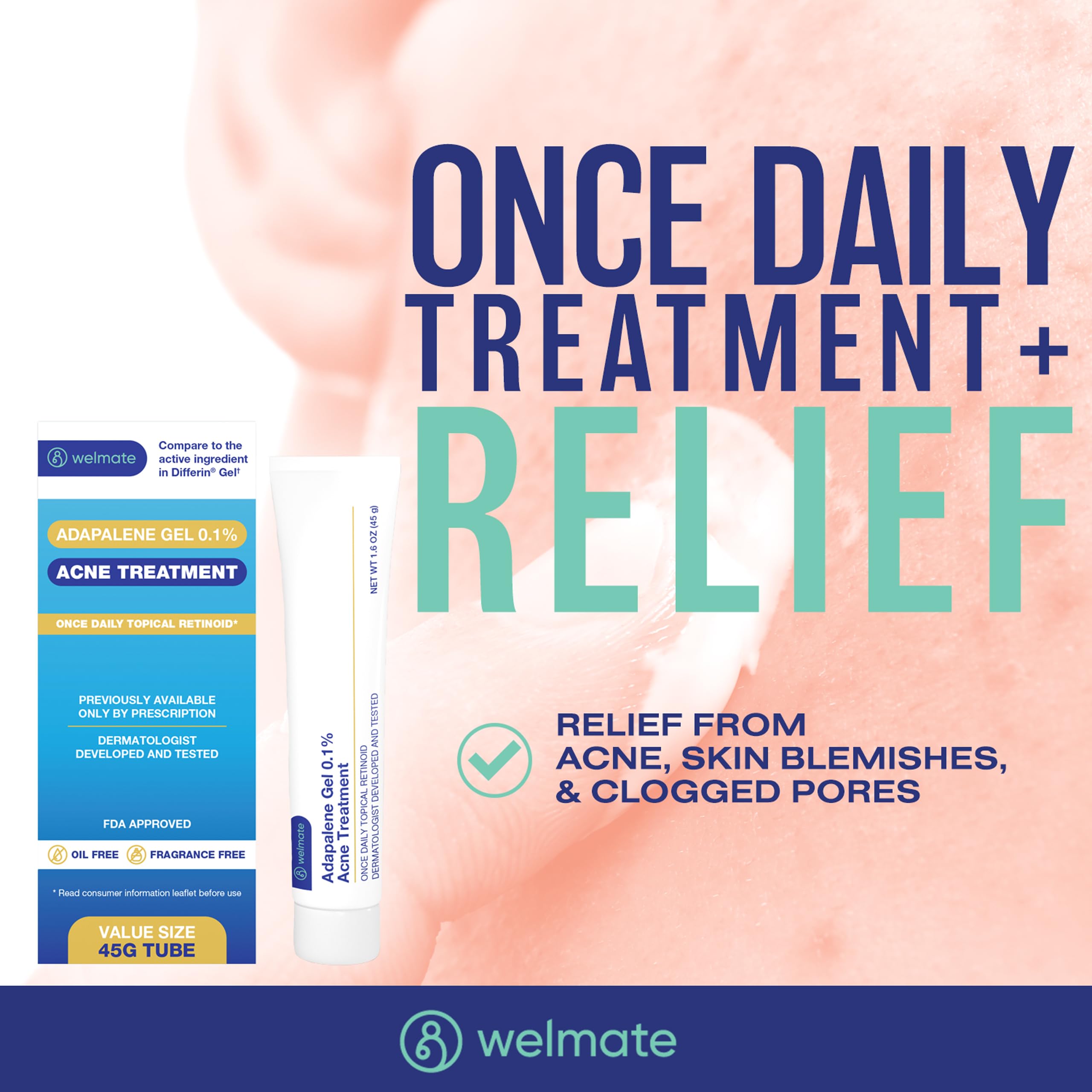 WELMATE Adapalene Gel 0.1% – OTC Acne Treatment (2 Tubes, 1.6oz each) – Oil & Fragrance Free