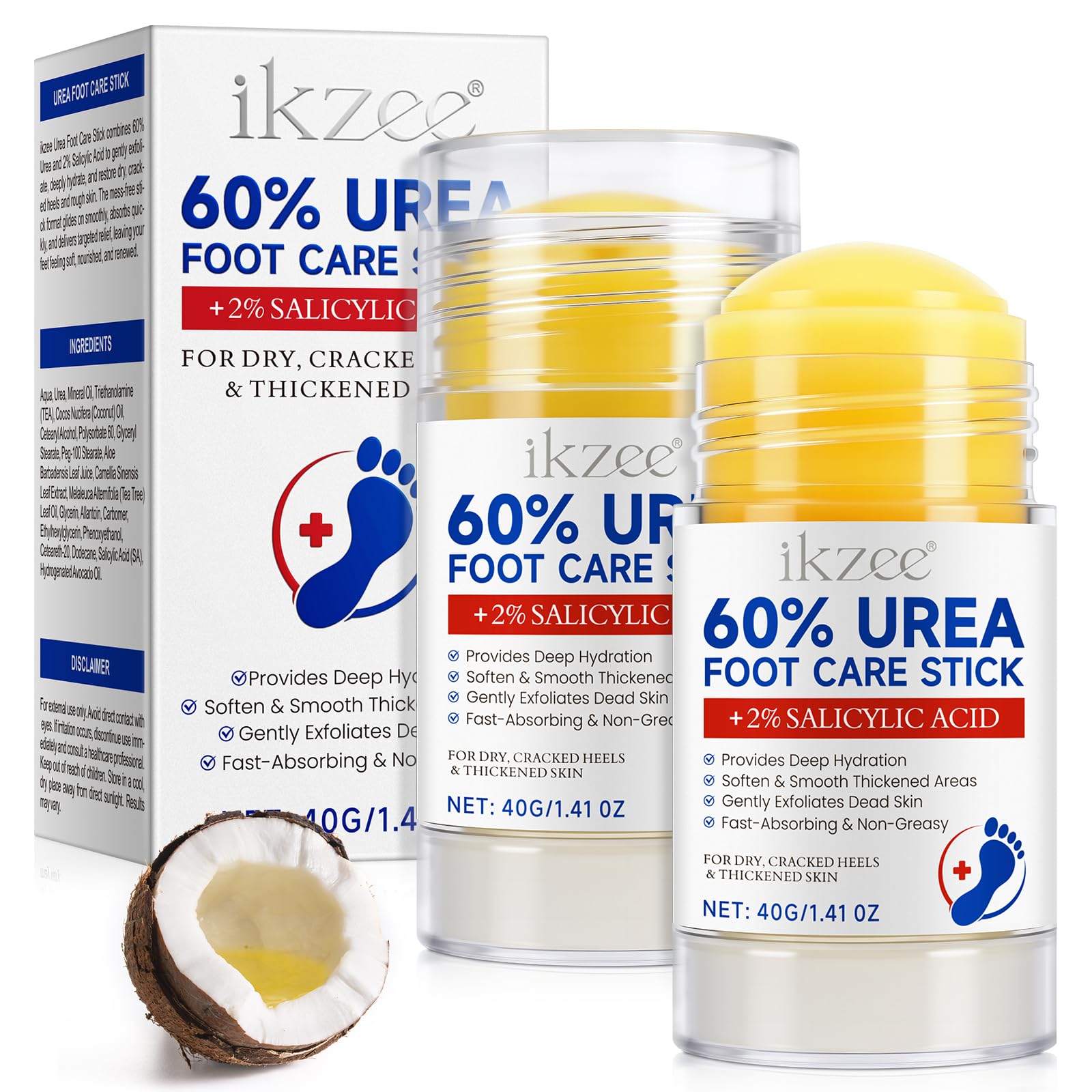 Weluno 2-Pack Urea Cream Stick 60% + 2% Salicylic Acid for Dry, Cracked Heels | Maximum Strength Foot Moisturizer