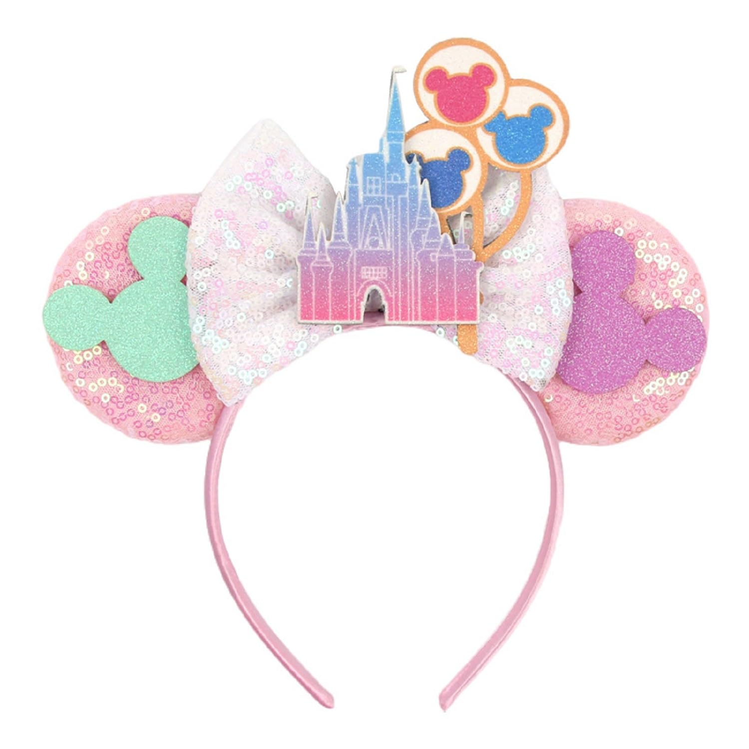 WelyHM Glitter Sequin Mouse Ears Bow Headband – Castle Balloon Fireworks Pattern