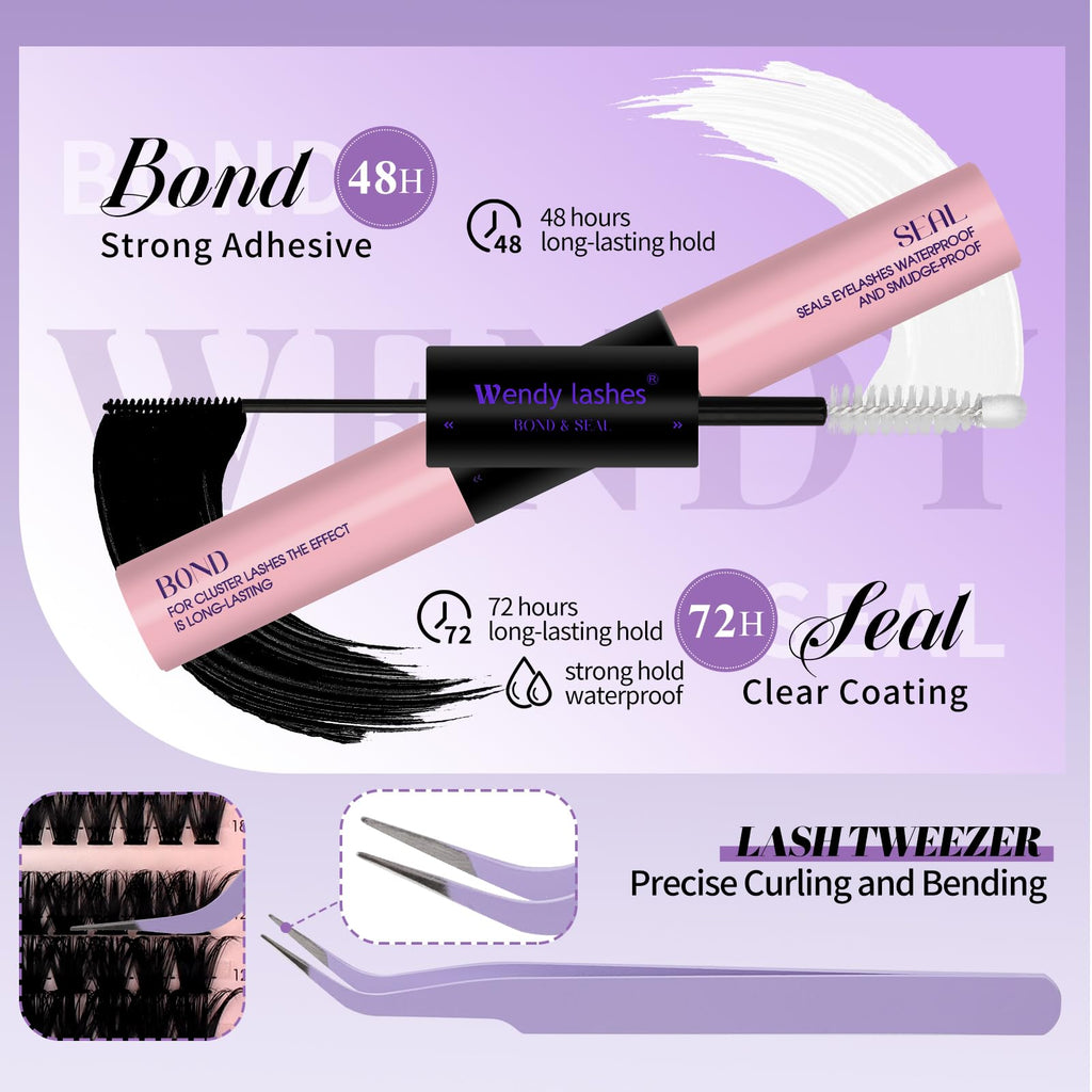 WENDY LASHES DIY Natural Lash Clusters Kit – 12-18mm D/3D Curl with Bond, Seal & Tweezers