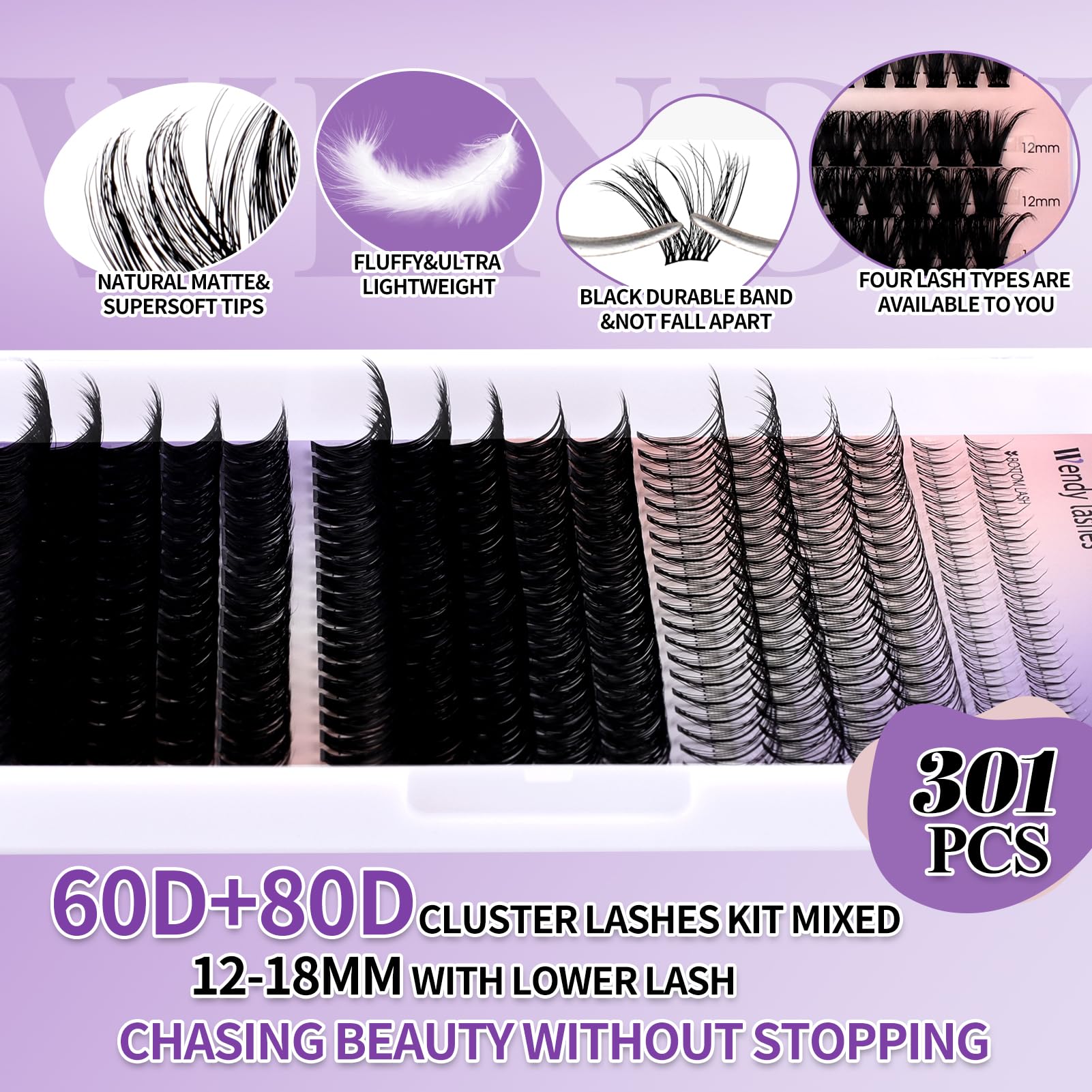 WENDY LASHES DIY Natural Lash Clusters Kit – 12-18mm D/3D Curl with Bond, Seal & Tweezers