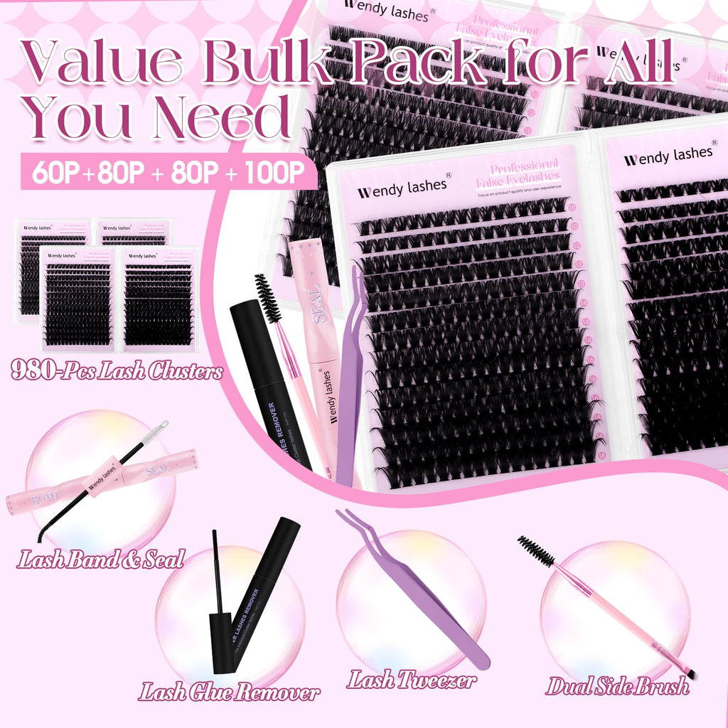 Wendy Lashes Clusters Kit Packs | 980-Pcs Bulk Lash Kit, 60D–100D, D Curl