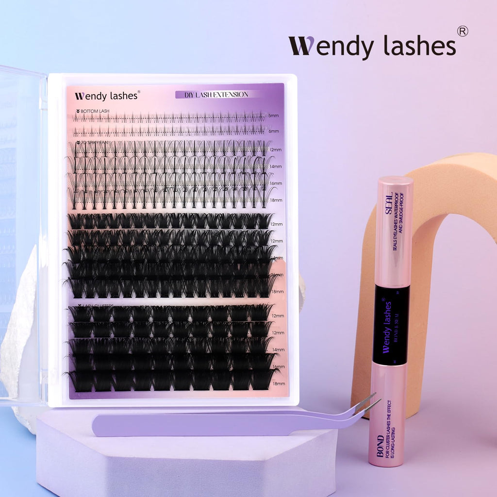 Wendy Lashes DIY Lash Extension Kit 100D/200D – 12-18mm Lash Clusters, Bond & Seal, Tweezers
