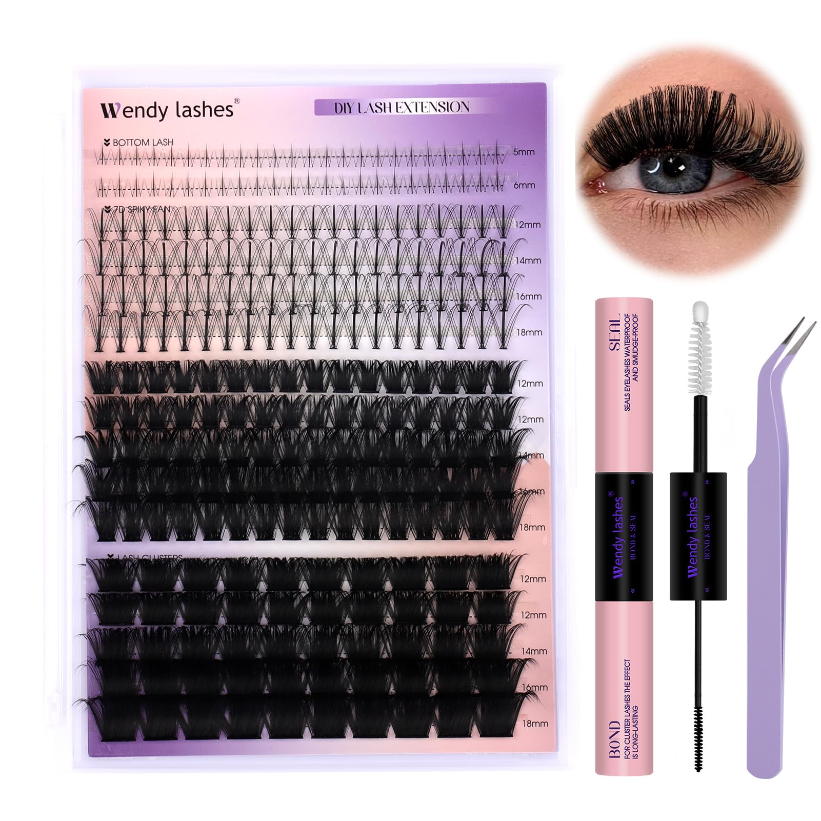 Wendy Lashes DIY Lash Extension Kit 100D/200D – 12-18mm Lash Clusters, Bond & Seal, Tweezers