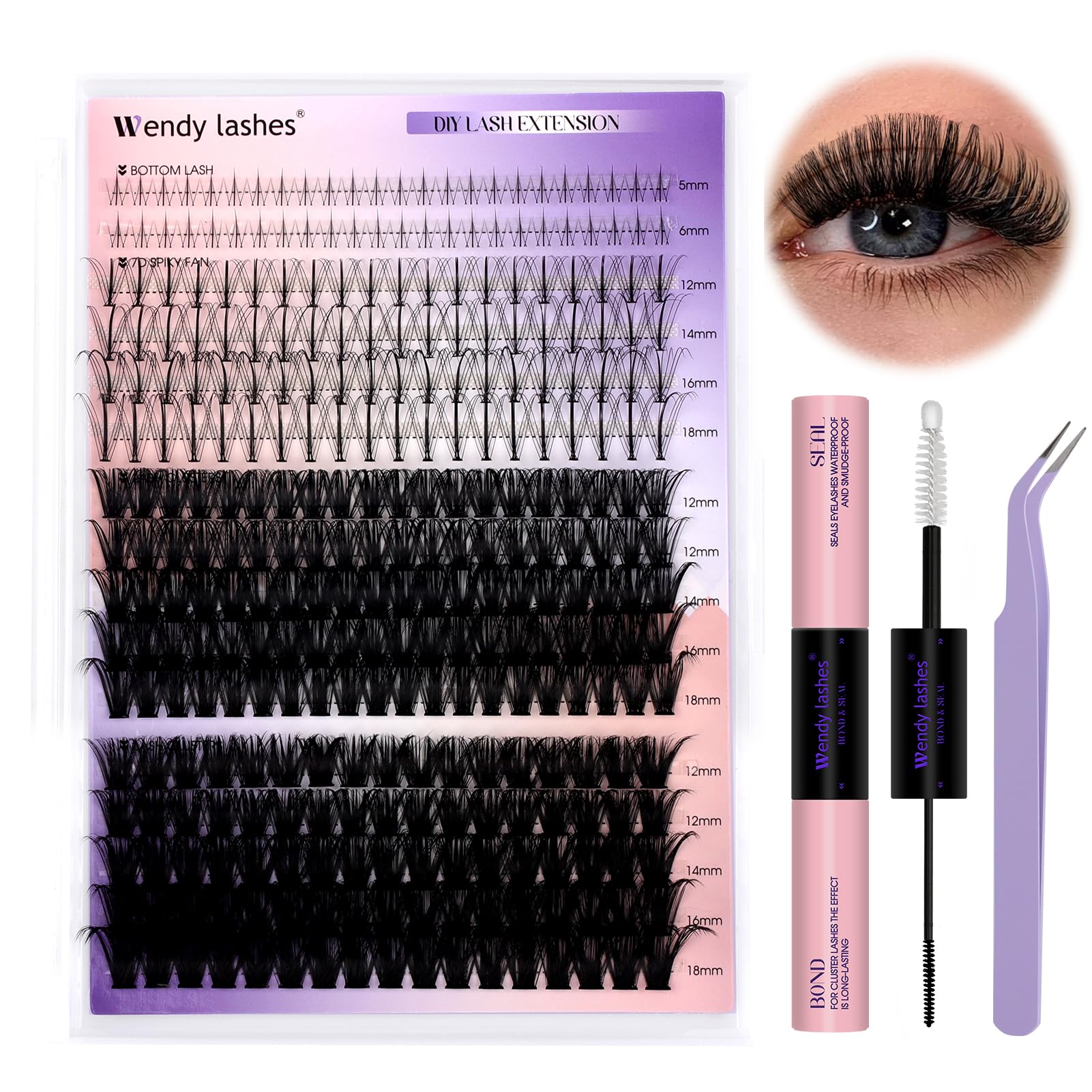 WENDY LASHES DIY Natural Lash Clusters Kit – 12-18mm D/3D Curl with Bond, Seal & Tweezers