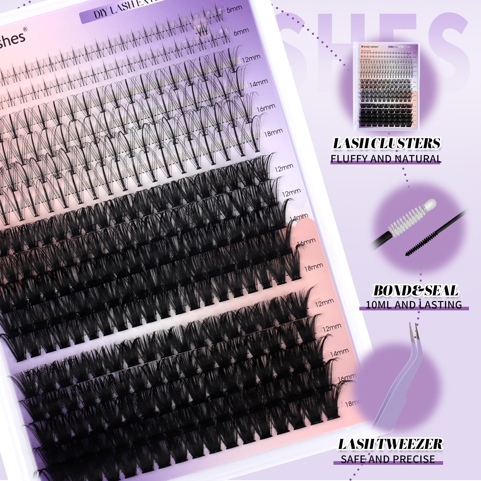WENDY LASHES DIY Natural Lash Clusters Kit – 12-18mm D/3D Curl with Bond, Seal & Tweezers