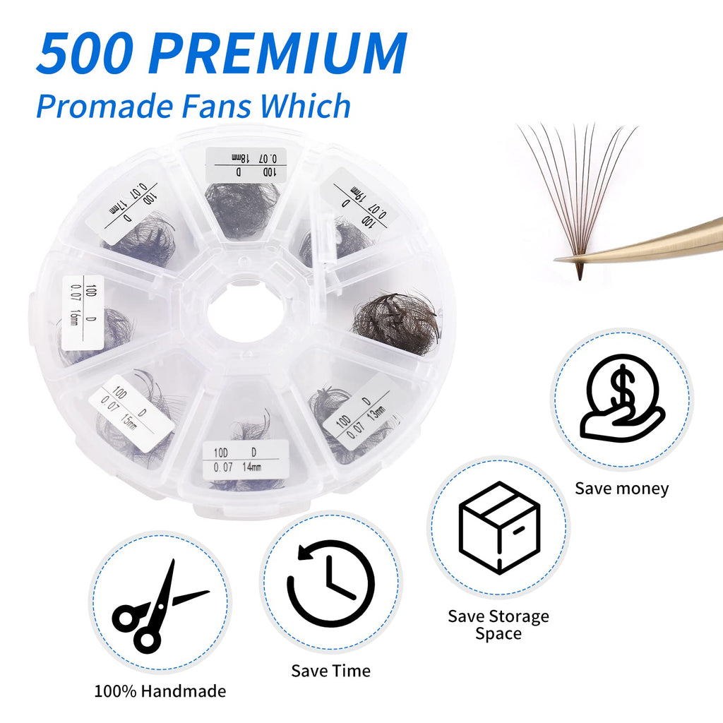 Wendy Lashes Premade 10D Mixed Volume Fans 0.07mm C/D Curl – 500PCS, Handmade