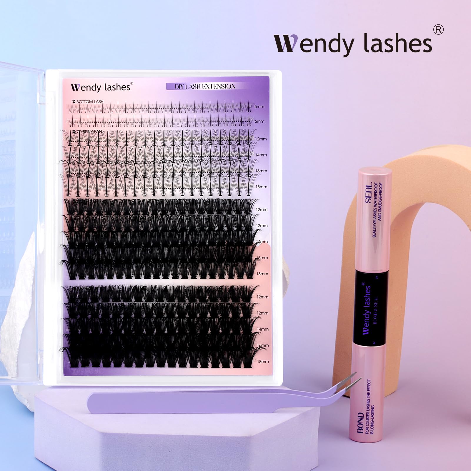 WENDY LASHES DIY Natural Lash Clusters Kit – 12-18mm D/3D Curl with Bond, Seal & Tweezers