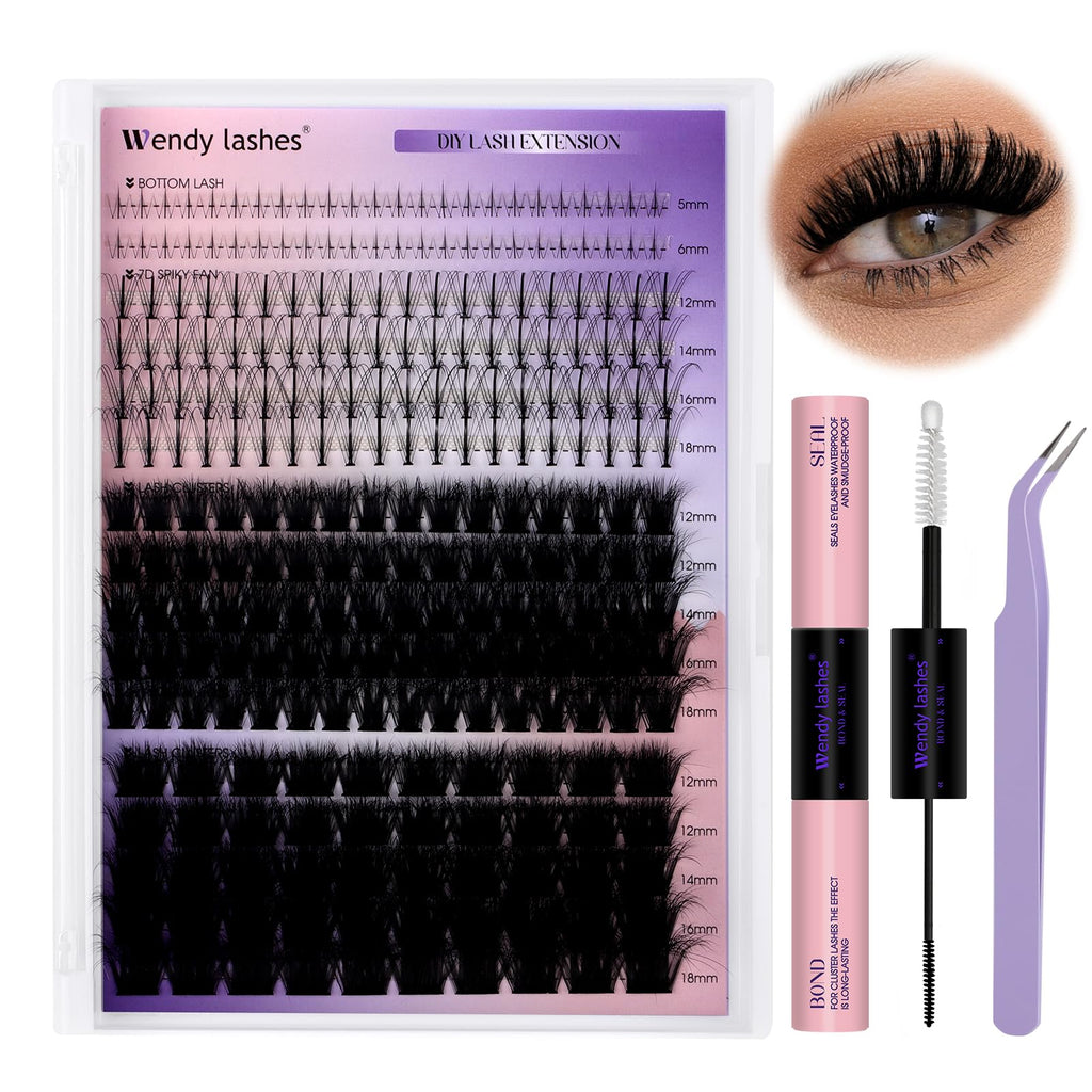 Wendy Lashes Lash Clusters Kit — Bottom Lashes, 3D Spike & Volume, 12–18mm DIY Kit with Bond & Seal