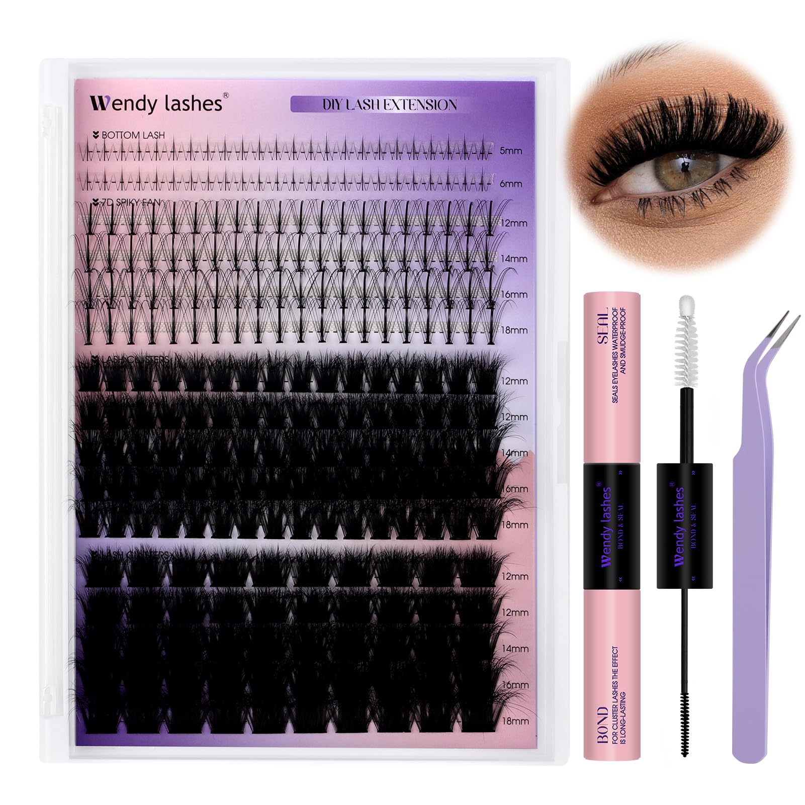 Wendy Lashes Lash Clusters Kit — Bottom Lashes, 3D Spike & Volume, 12–18mm DIY Kit with Bond & Seal
