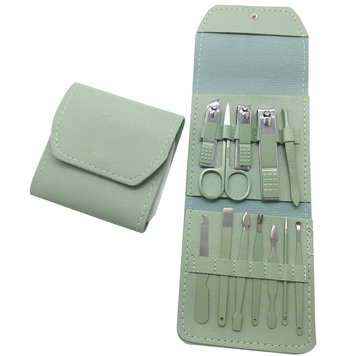 WEUMNV Nail Clippers Set – Stainless Steel Anti-Splash Clippers with Flat-Mouth File (12-Piece, Green)