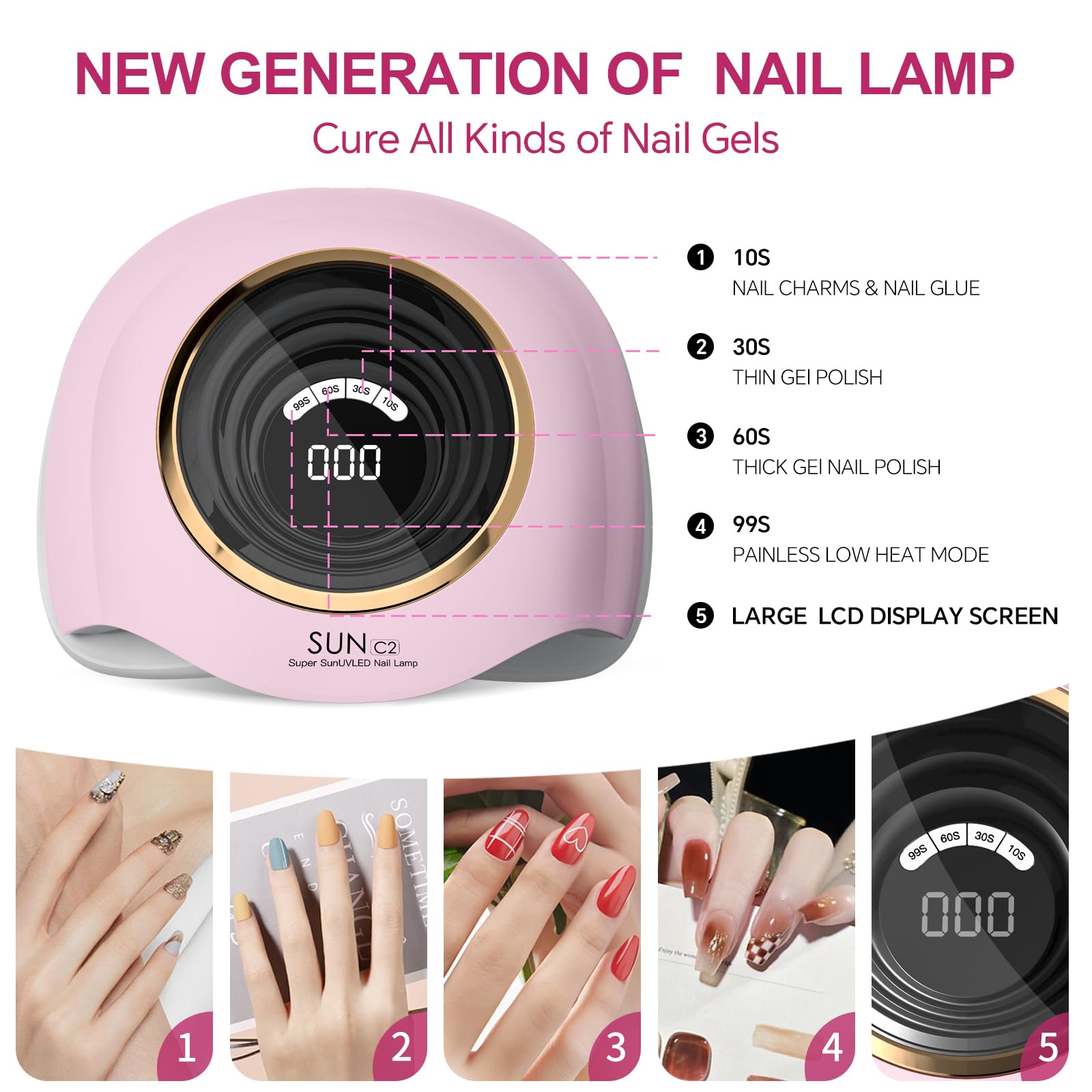 WEVILI 288W UV LED Nail Lamp with 63 Beads – Fast Gel Curing, Smart Sensor, 4 Timers, Pink