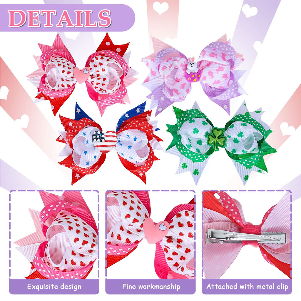 Whaline 4Pcs Seasonal Hair Clips for Girls – Valentine, St. Patrick’s Day, Easter, 4th of July