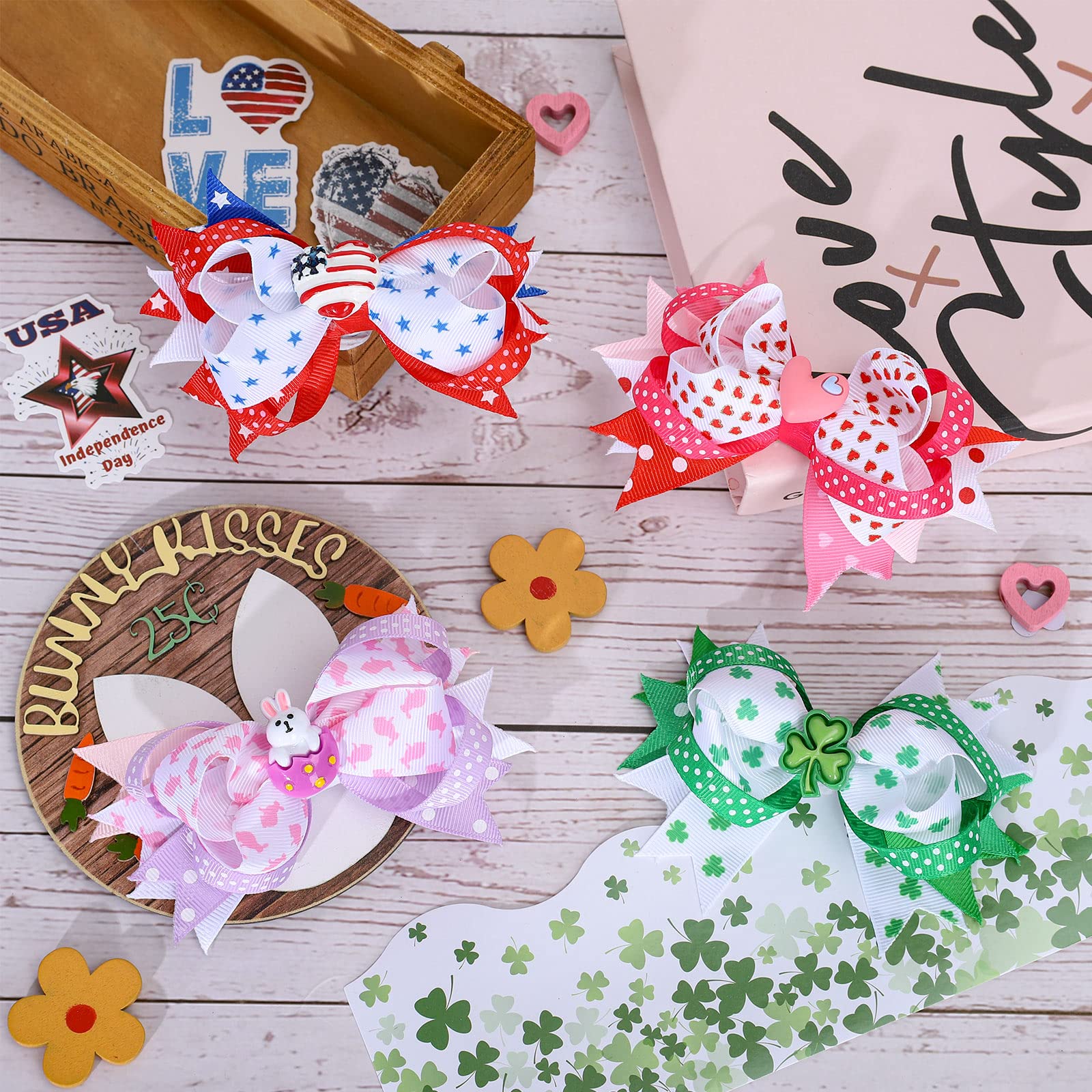 Whaline 4Pcs Seasonal Hair Clips for Girls – Valentine, St. Patrick’s Day, Easter, 4th of July