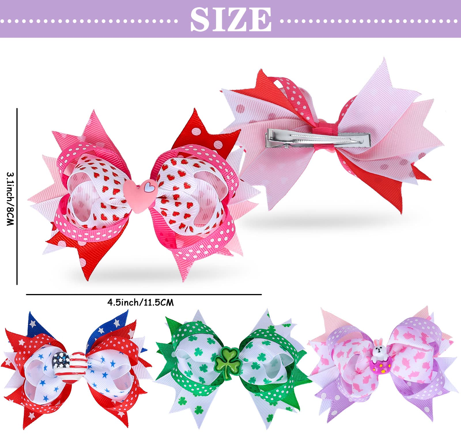 Whaline 4Pcs Seasonal Hair Clips for Girls – Valentine, St. Patrick’s Day, Easter, 4th of July