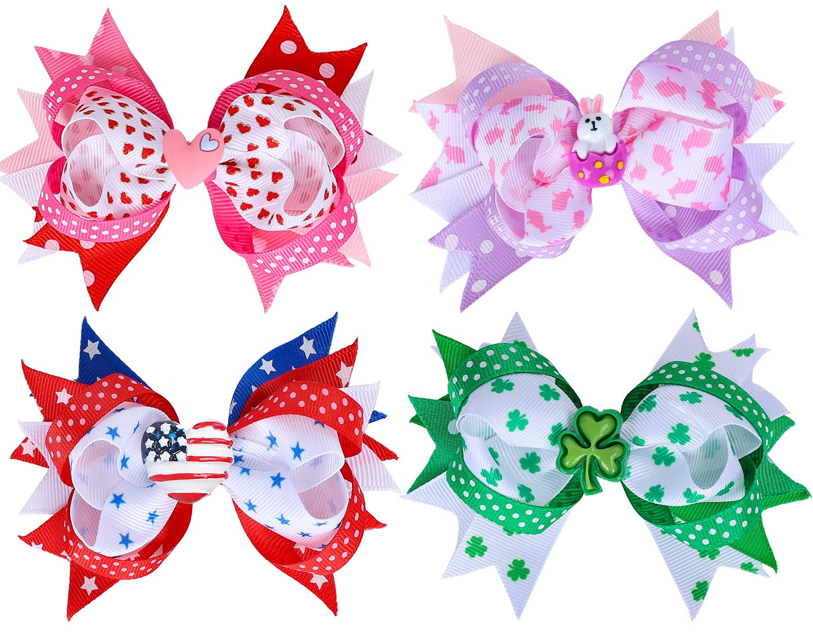 Whaline 4Pcs Seasonal Hair Clips for Girls – Valentine, St. Patrick’s Day, Easter, 4th of July