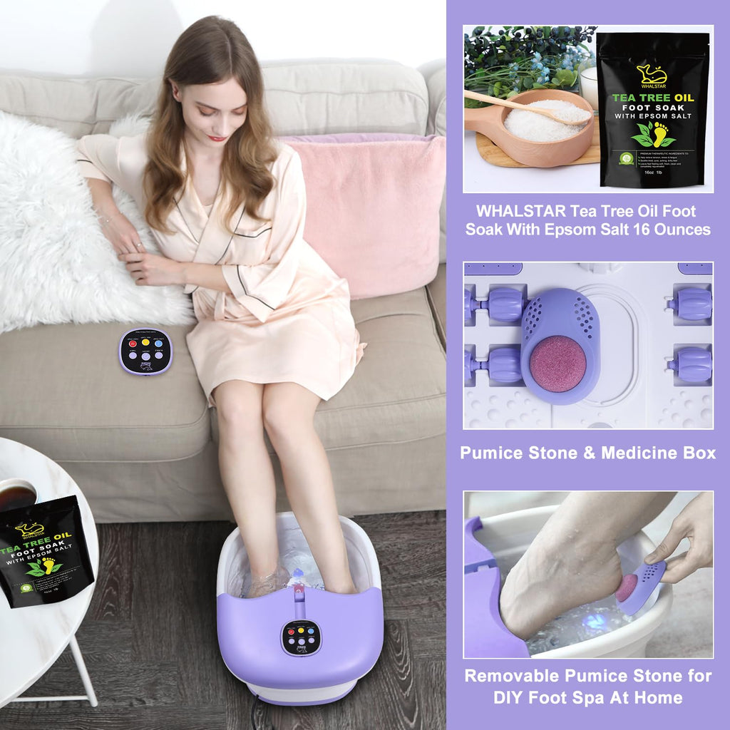 WHALSTAR Collapsible Foot Spa Bath Massager with Heat, Bubbles, Jets and Tea Tree Oil Soak