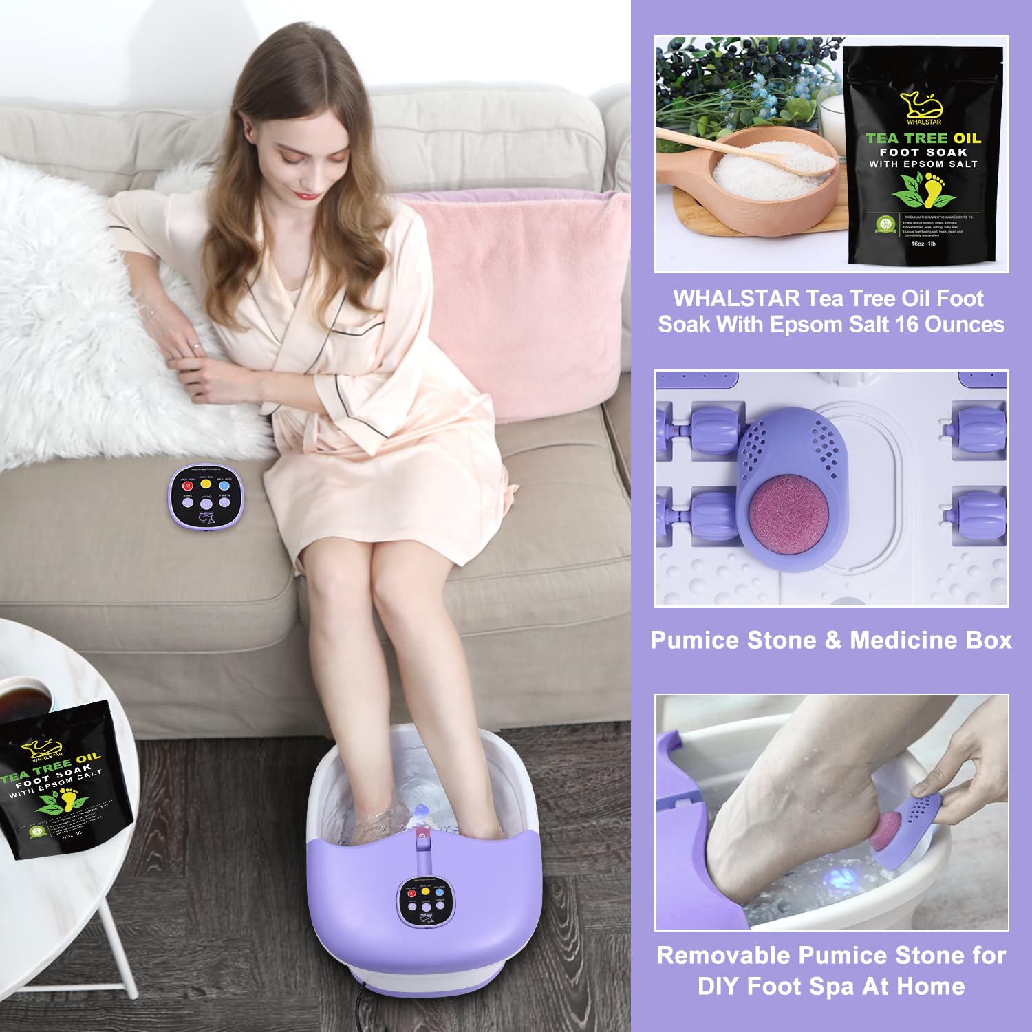 WHALSTAR Collapsible Foot Spa Bath Massager with Heat, Bubbles, Jets and Tea Tree Oil Soak