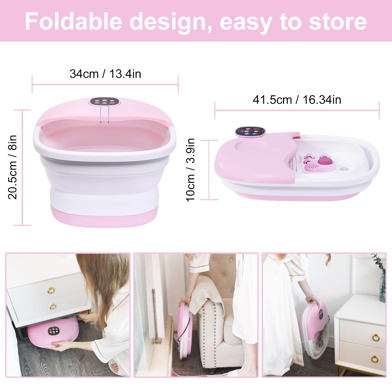 WHALSTAR Collapsible Foot Spa Bath Massager – Heat, Bubbles, Jets (Pink)