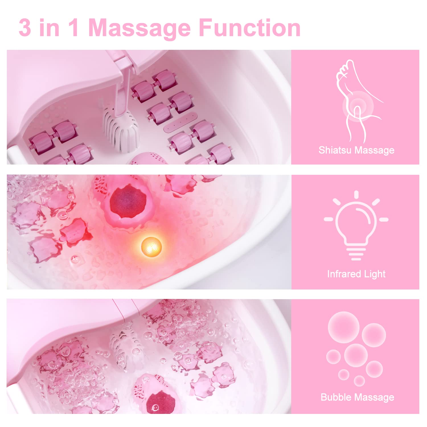 WHALSTAR Collapsible Foot Spa Bath Massager – Heat, Bubbles, Jets (Pink)