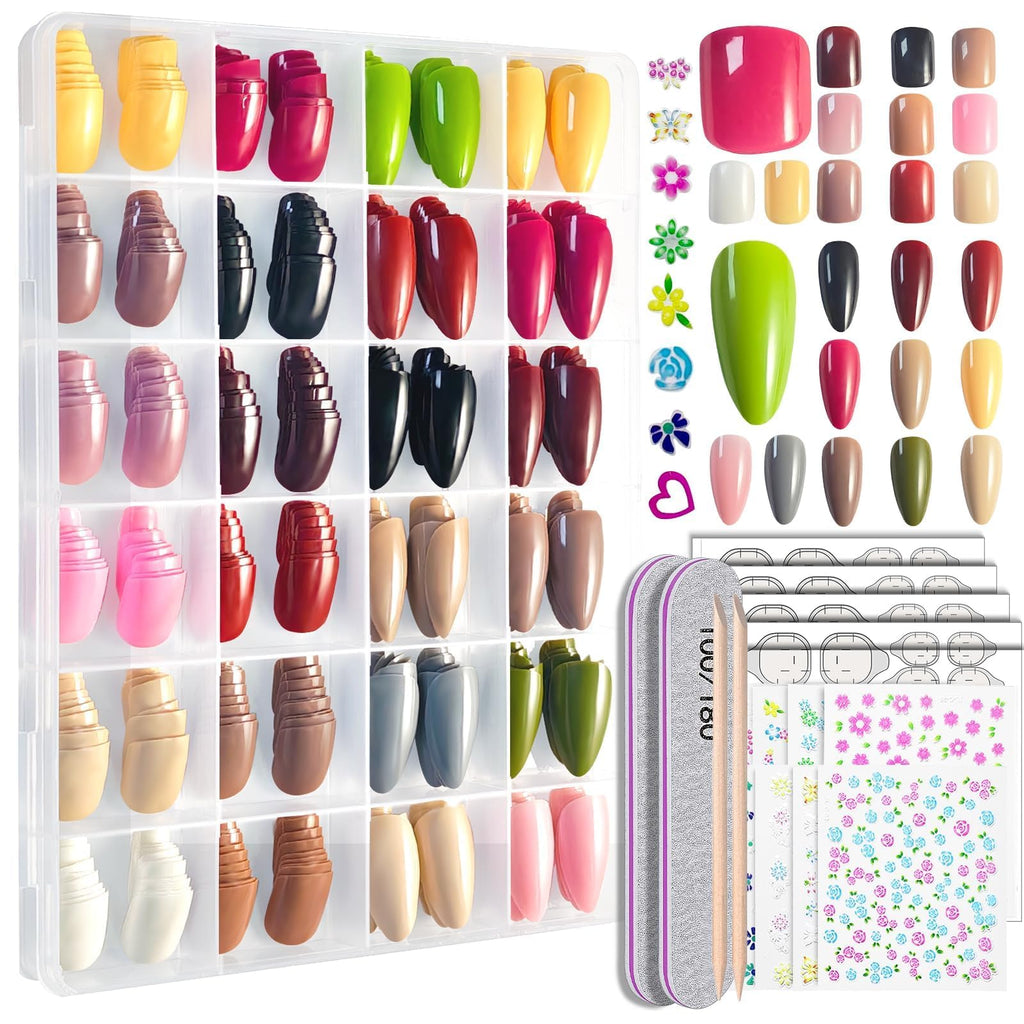 whisrvival 576Pcs Press On Nails Kit – 12 Almond & 12 Short Round with Adhesive Tabs