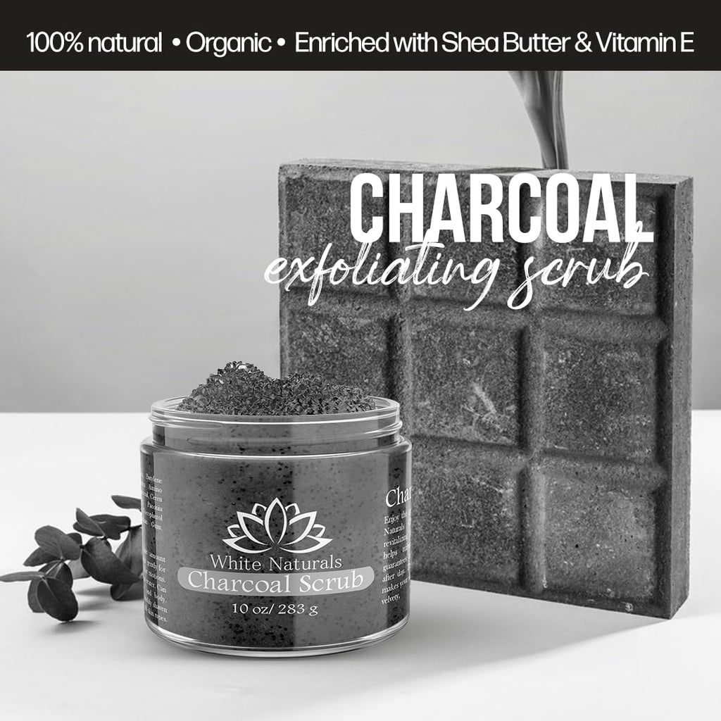 White Naturals Organic Activated Charcoal Face & Body Scrub – Exfoliating & Detoxifying, 10 oz